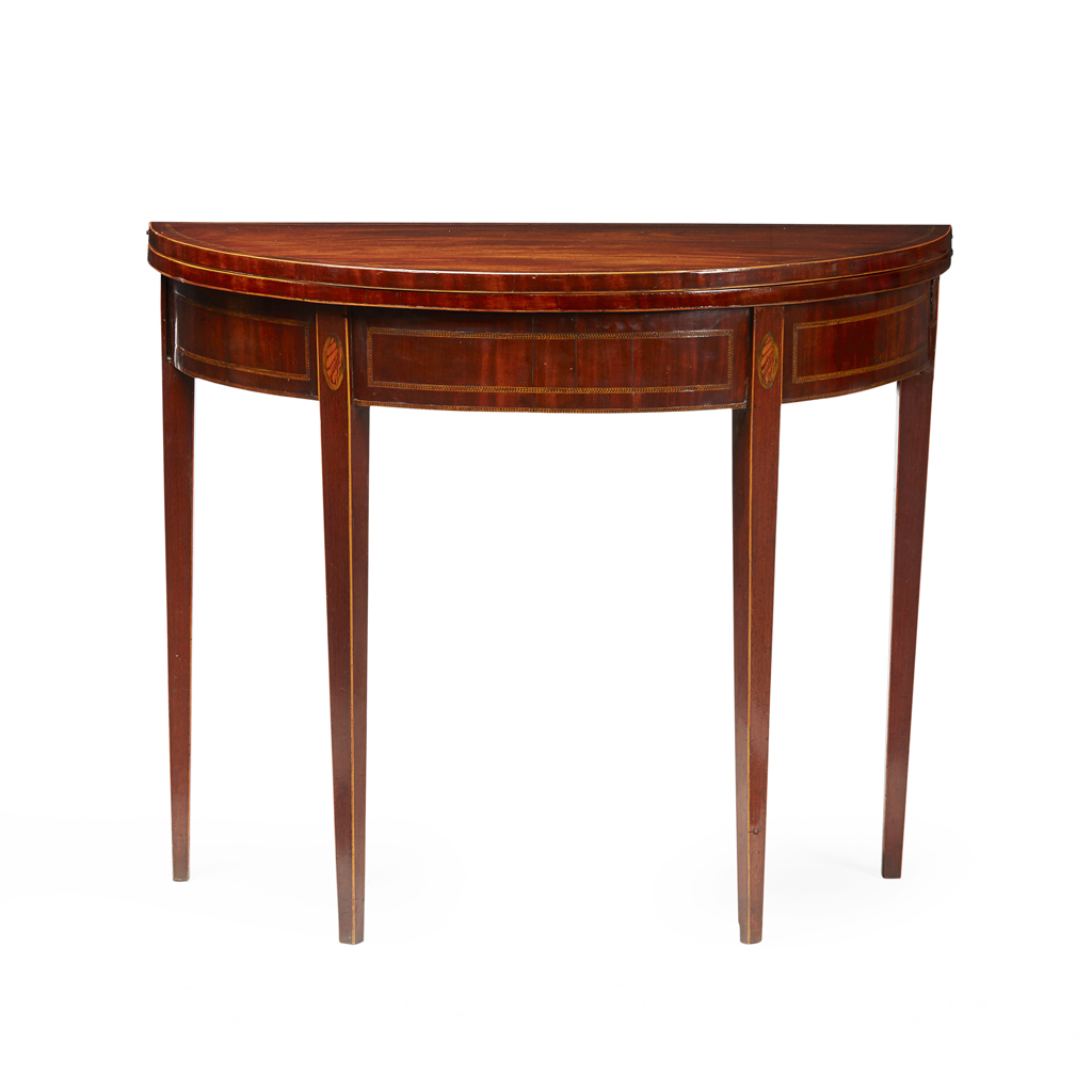LATE GEORGE III INLAID MAHOGANY DEMILUNE FOLD-OVER TEA TABLE