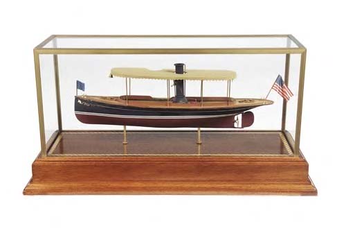 A wooden scale model of a US steam river launch,