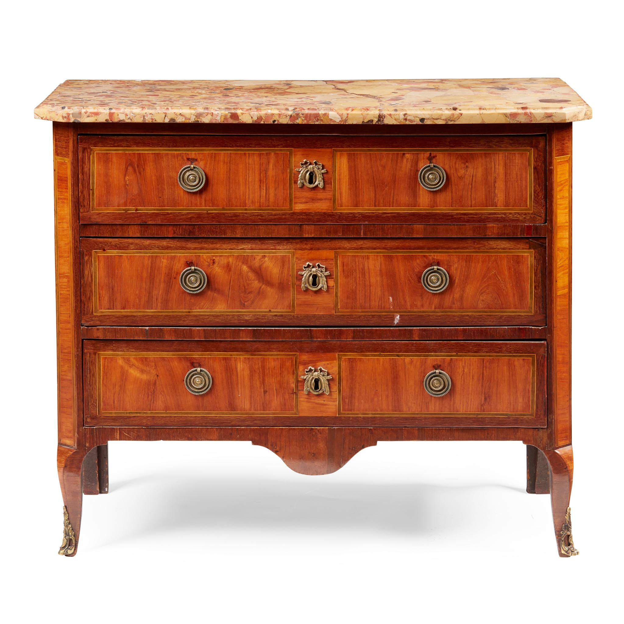 A LOUIS XVI TULIPWOOD, KINGWOOD, AND AMARANTH MARBLE TOPPED COMMODE