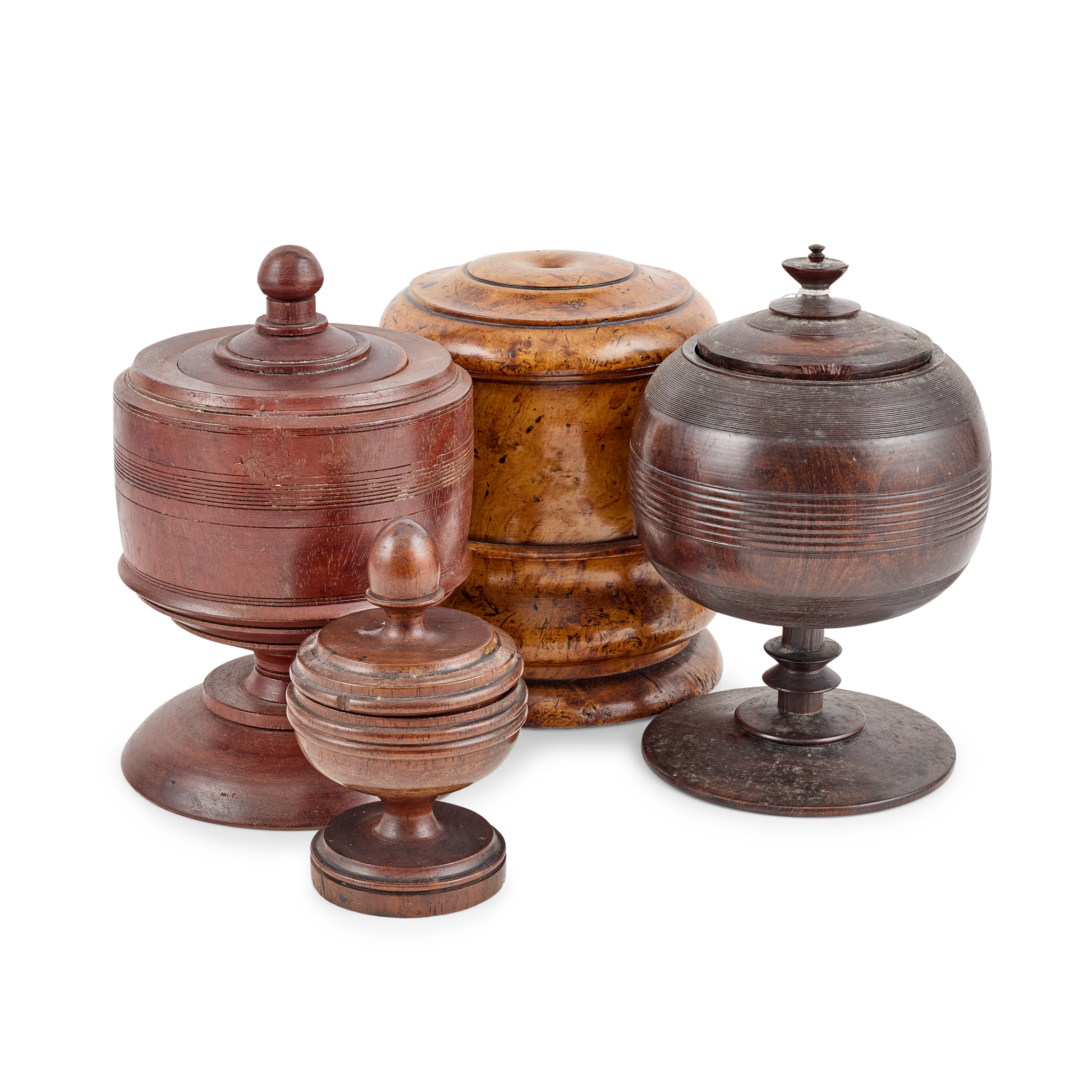 FOUR TURNED TREEN CONTAINERS