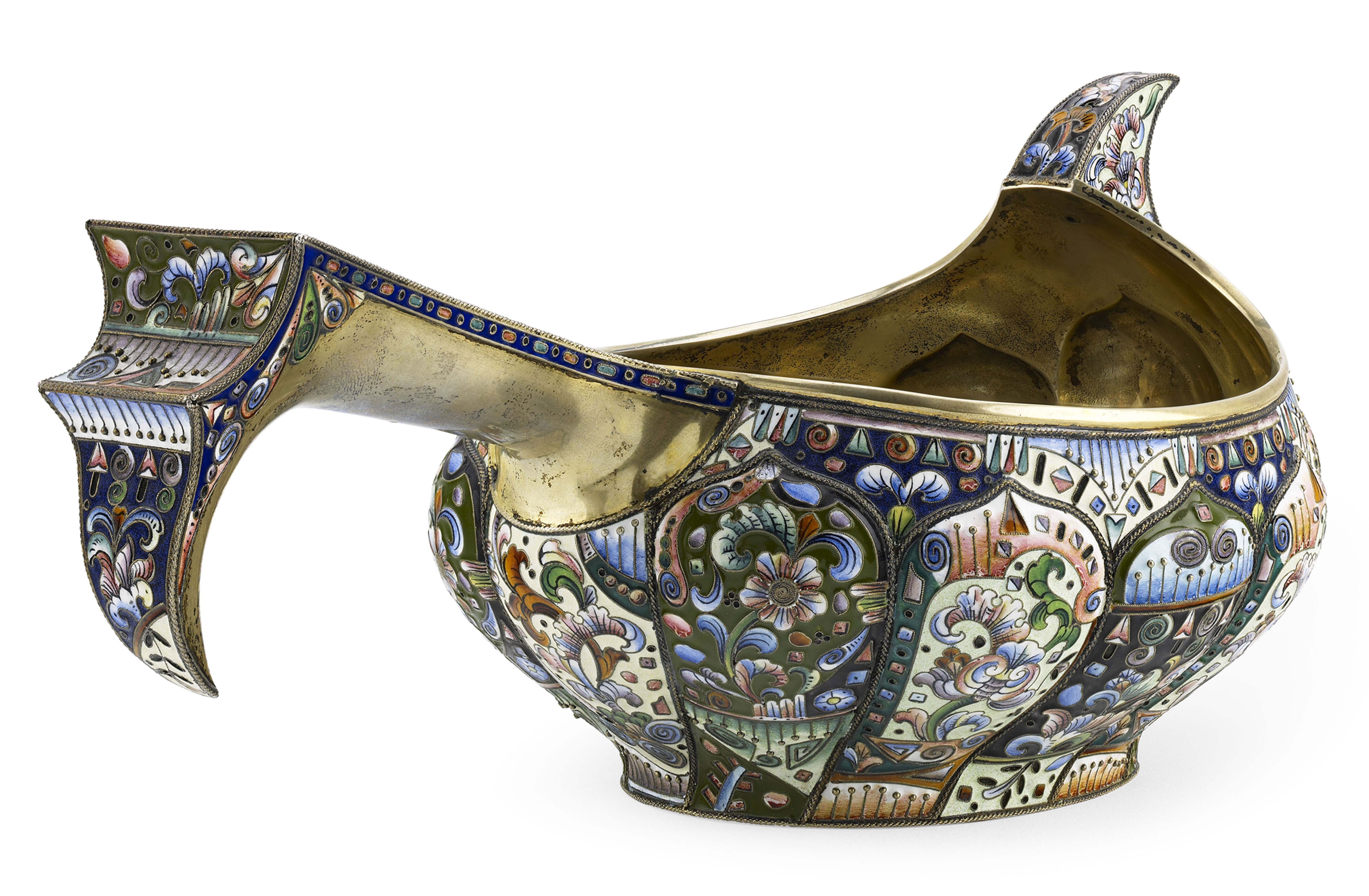 A large Russian silver-gilt and enamel kovsch