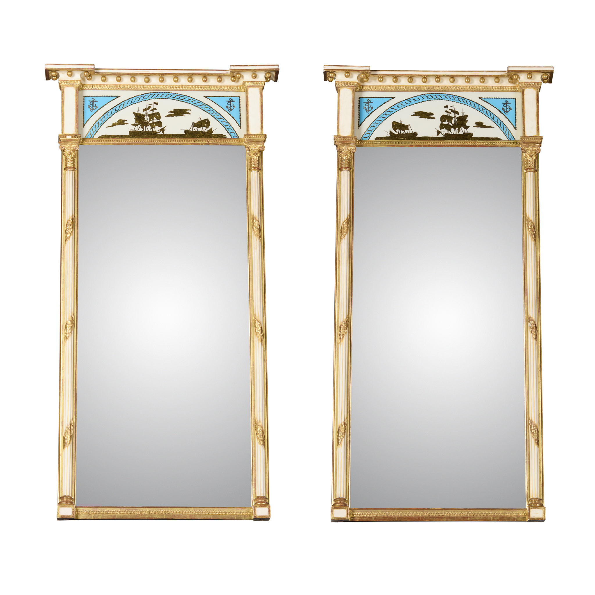 PAIR OF REGENCY PAINTED AND PARCEL-GILT VERRE ÉGLOMISÉ PIER MIRRORS