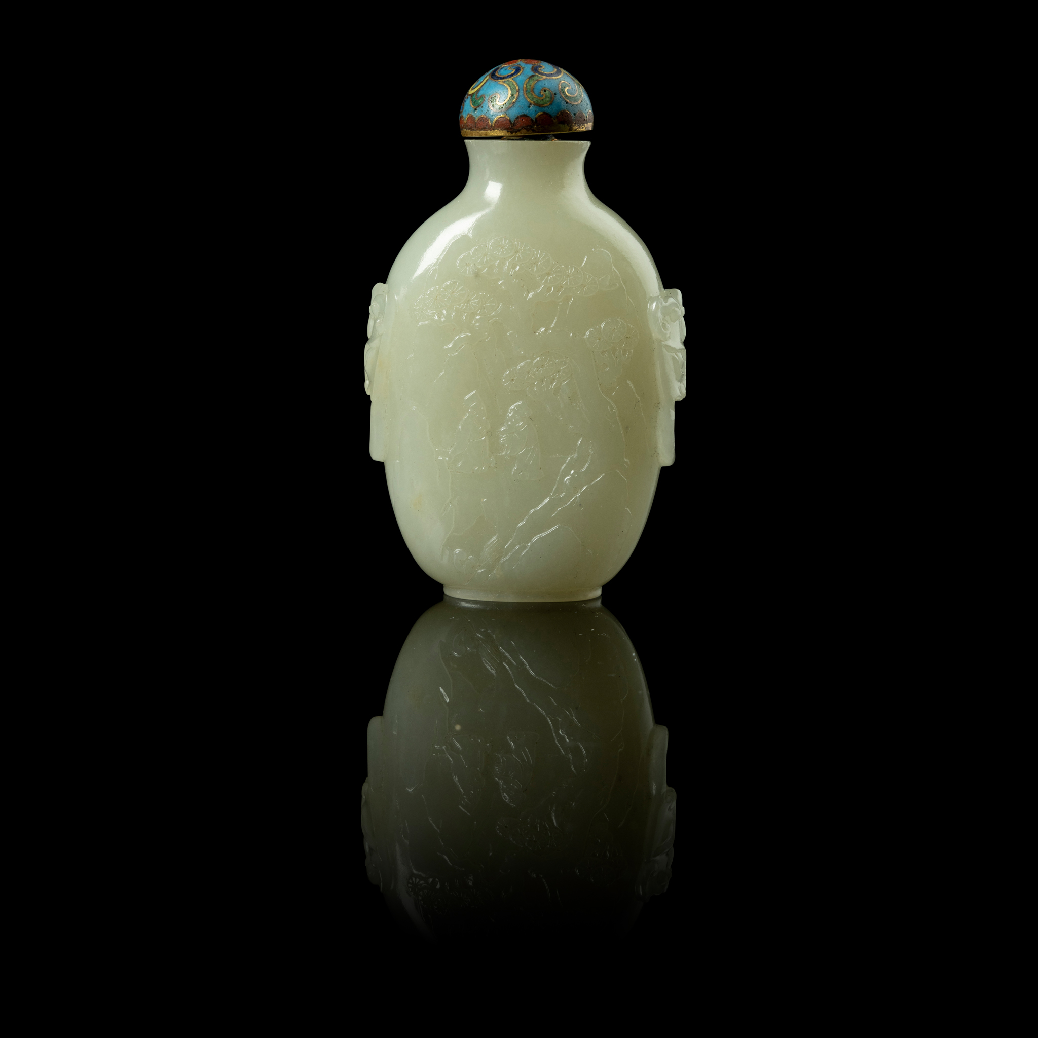 CHINESE CARVED WHITE JADE 'IMMORTALS' HANDLED SNUFF BOTTLE