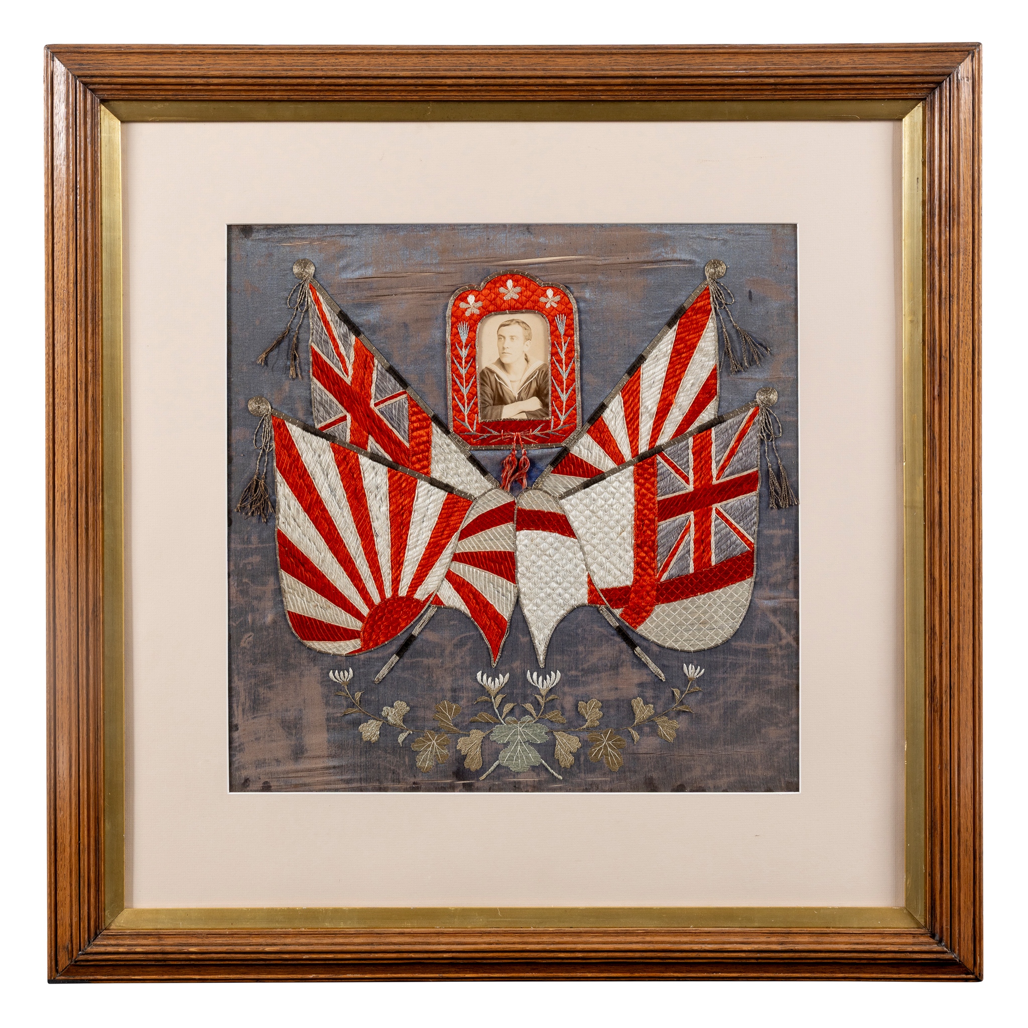 A GROUP OF FIVE SILKWORK, SILVER THREAD AND NEEDLEWORK MEMORIAL PICTURES