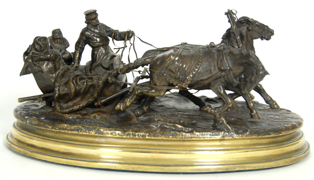 RUSSIAN BRONZE OF HORSE DRAWN TROIKA