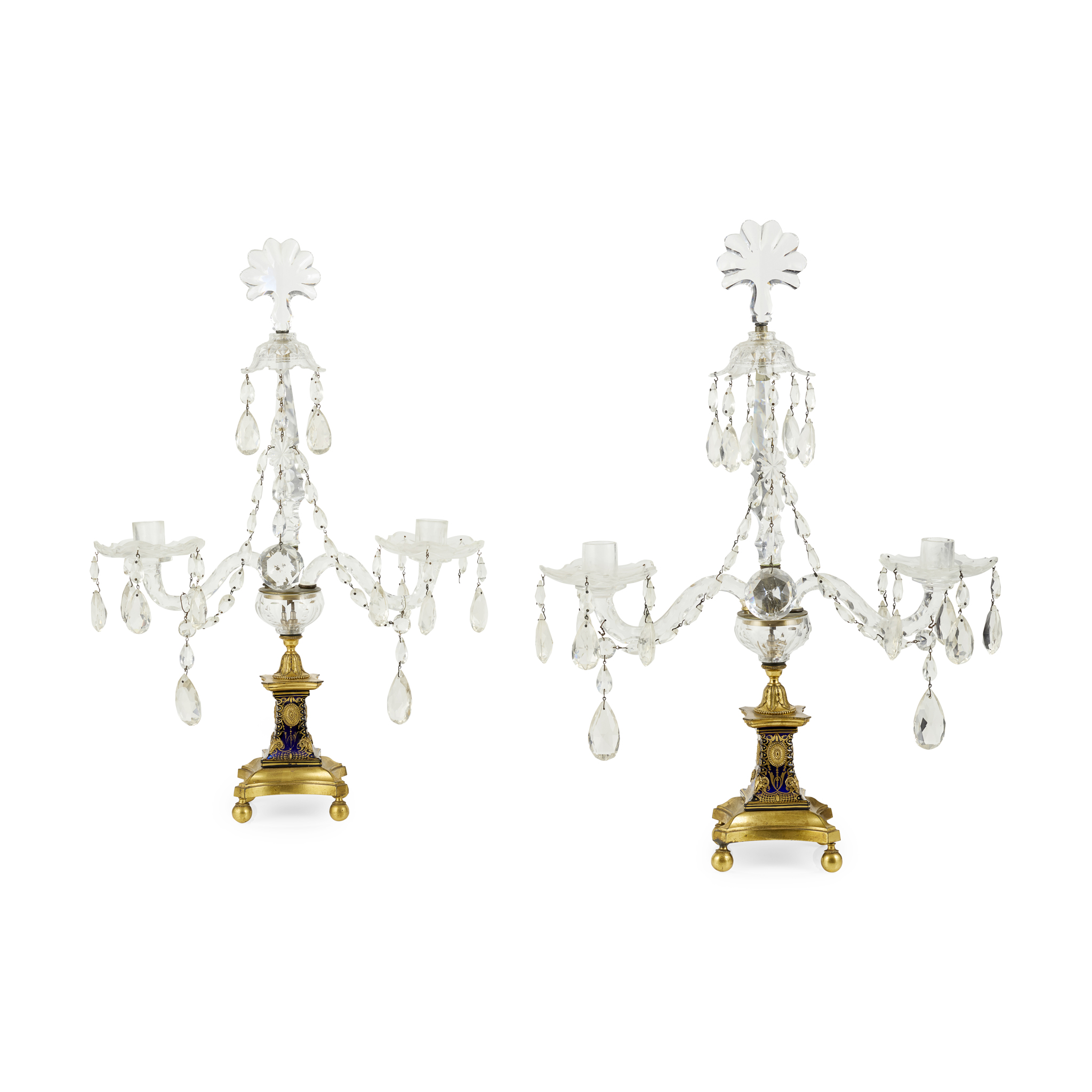 PAIR OF GEORGE III BLUE GLASS AND GILT BRONZE MOUNTED TABLE CANDELABRA, IN THE MANNER OF PARKER AND PERRY