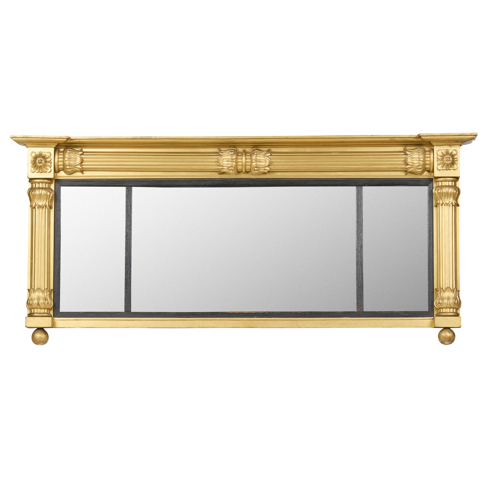 GEORGE IV GILTWOOD AND EBONISED TRIPLE PLATE OVERMANTEL MIRROR