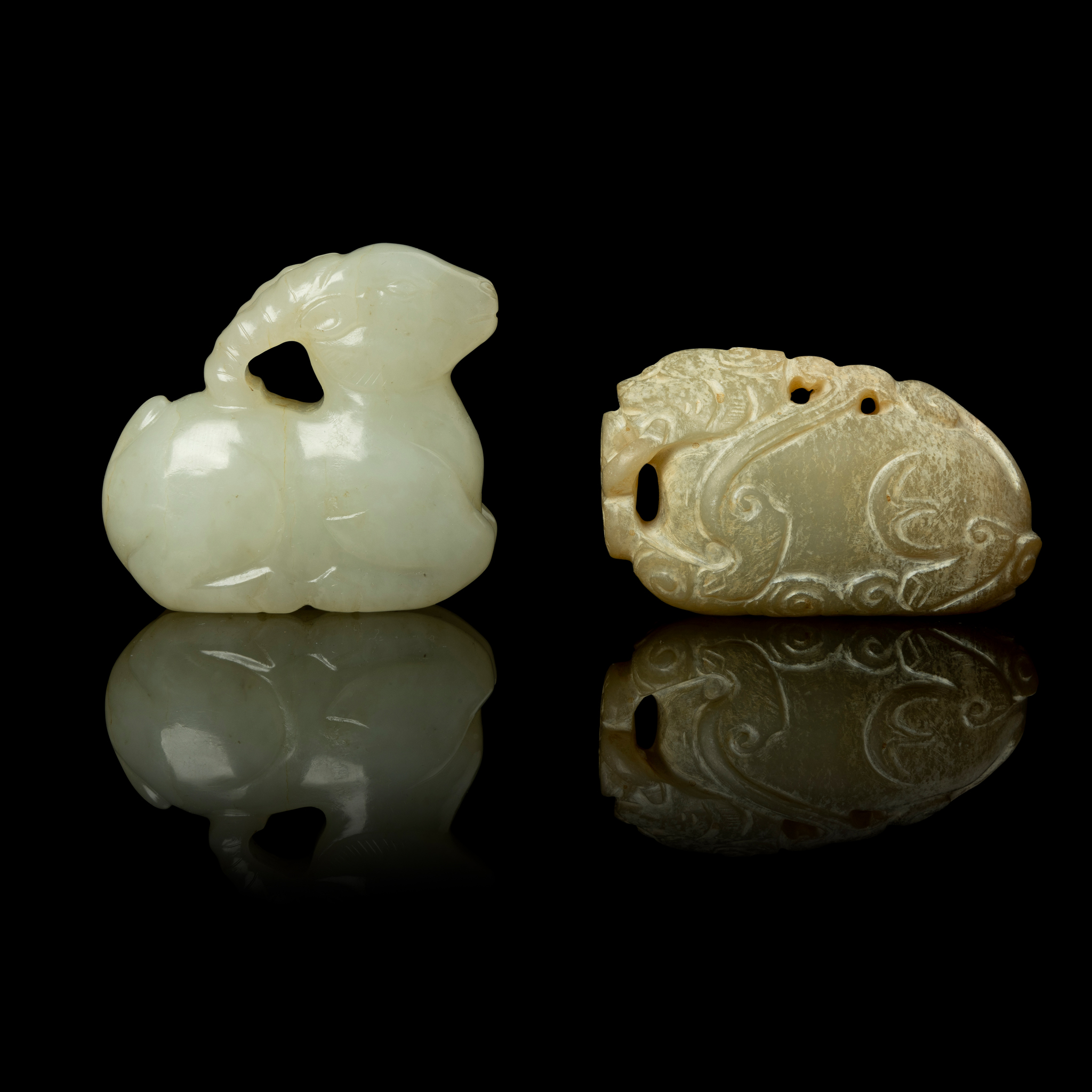 CHINESE WHITE JADE GOAT AND CELADON JADE TIGER