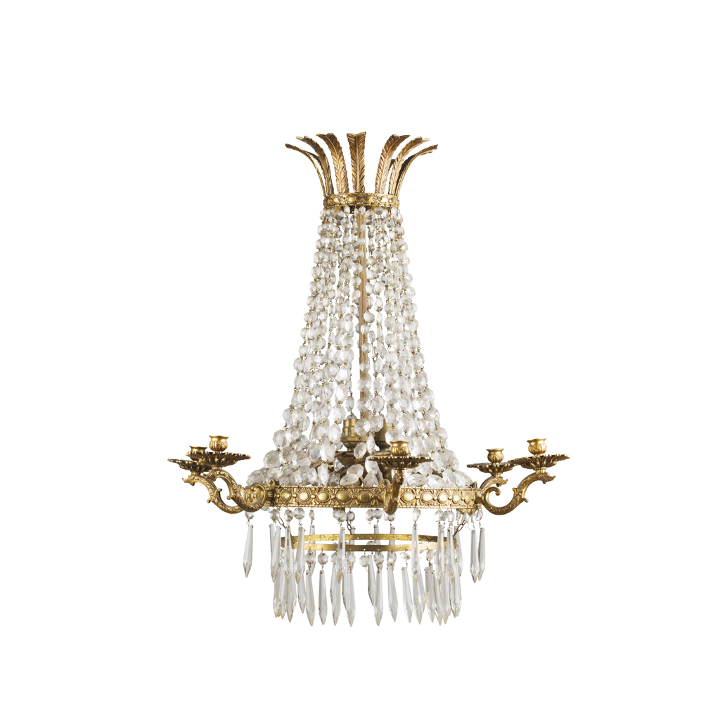 GILT METAL AND CUT GLASS CHANDELIER