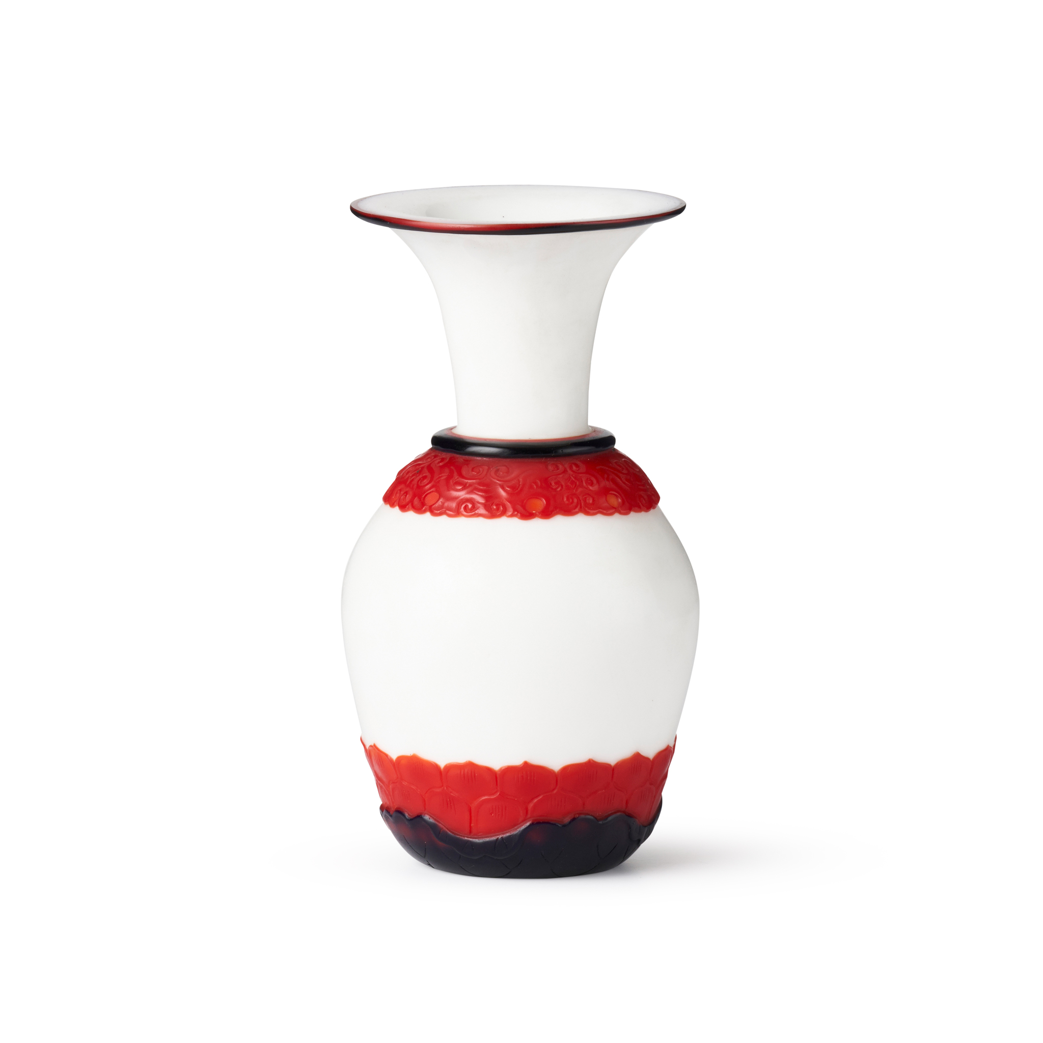 RED-AND-PURPLE-OVERLAY WHITE GLASS BOTTLE VASE