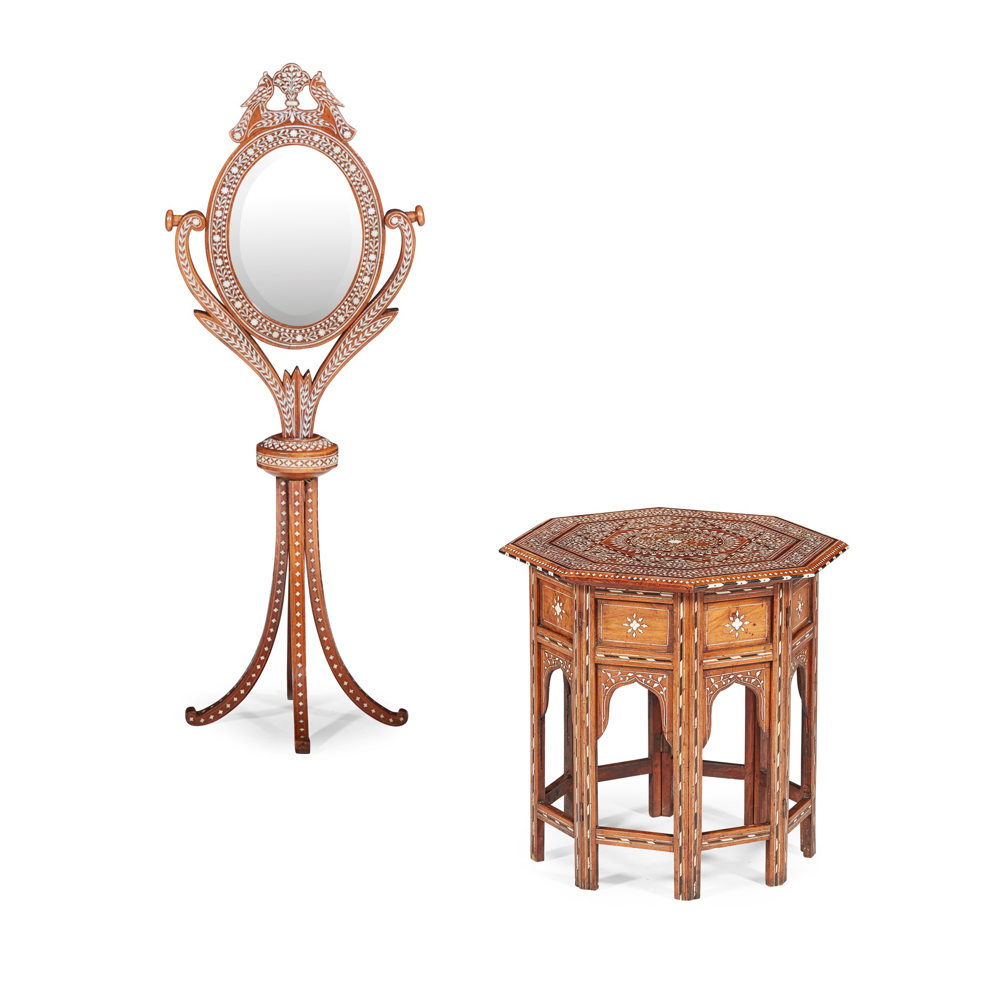 SYRIAN IVORY AND BONE INLAID TABLE AND MIRROR