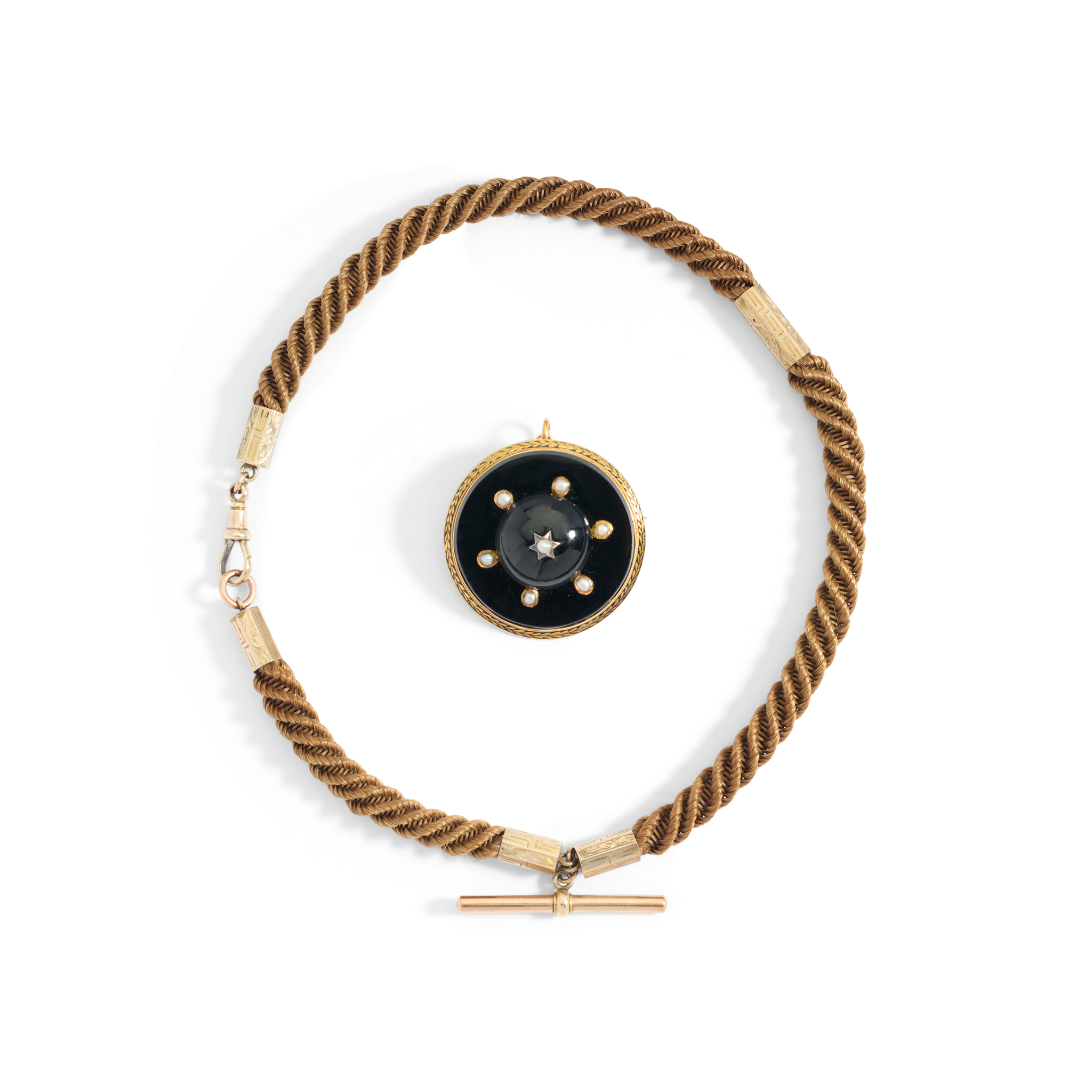 A 19th century mourning brooch pendant and hairwork watchchain