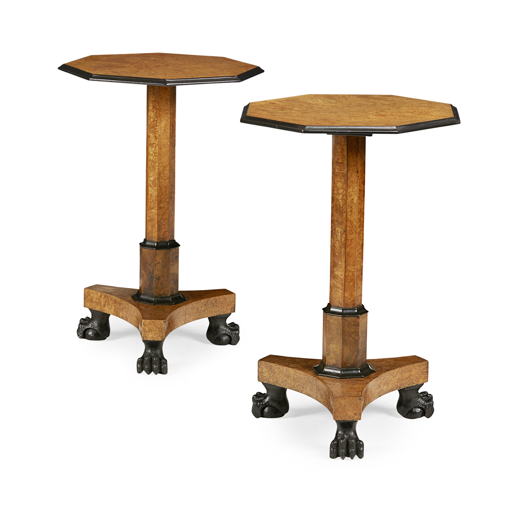 PAIR OF BURR WOOD AND EBONISED OCTAGONAL PEDESTAL TABLES