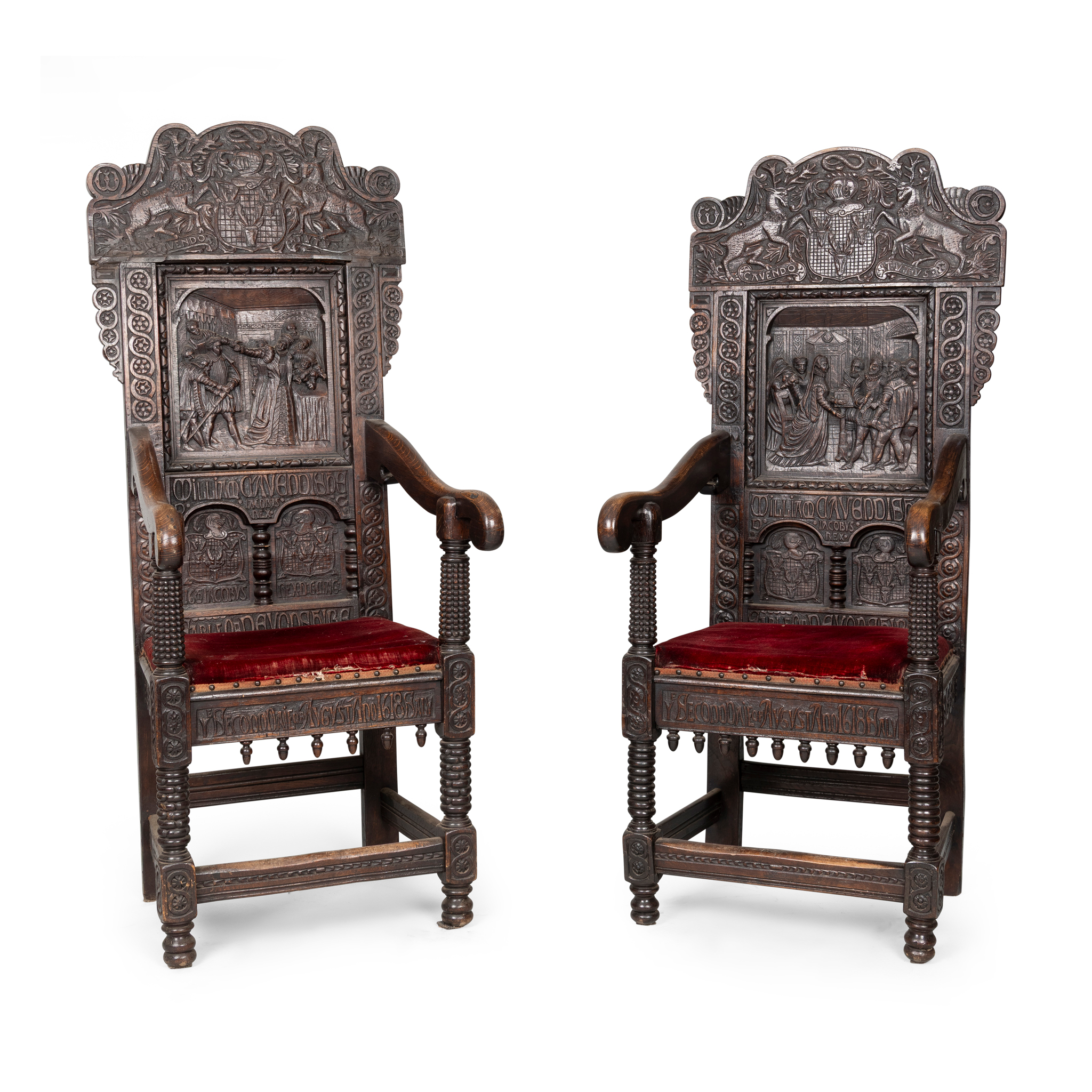 A PAIR OF OAK HIGH BACK ARMCHAIRS