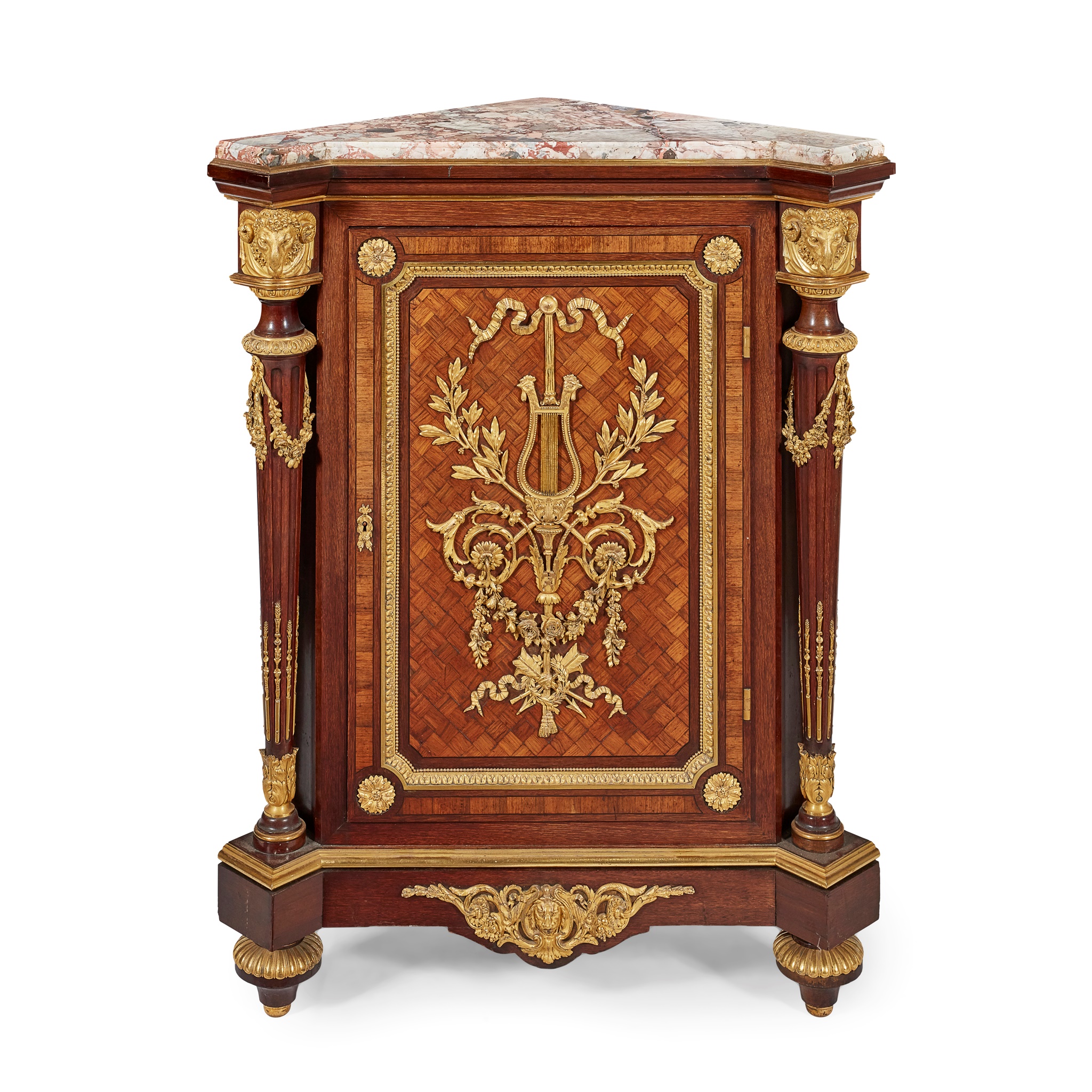 FINE FRENCH ROSEWOOD, KINGWOOD, ORMOLU AND PARQUETRY ENCOIGNURE, BY JEAN-LOUIS BENJAMIN GROS, PARIS