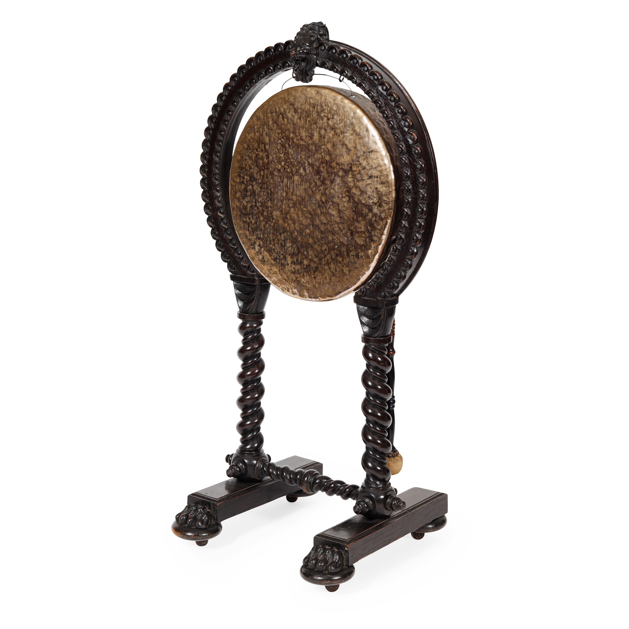 CARVED AND STAINED OAK AND BRASS DINNER GONG