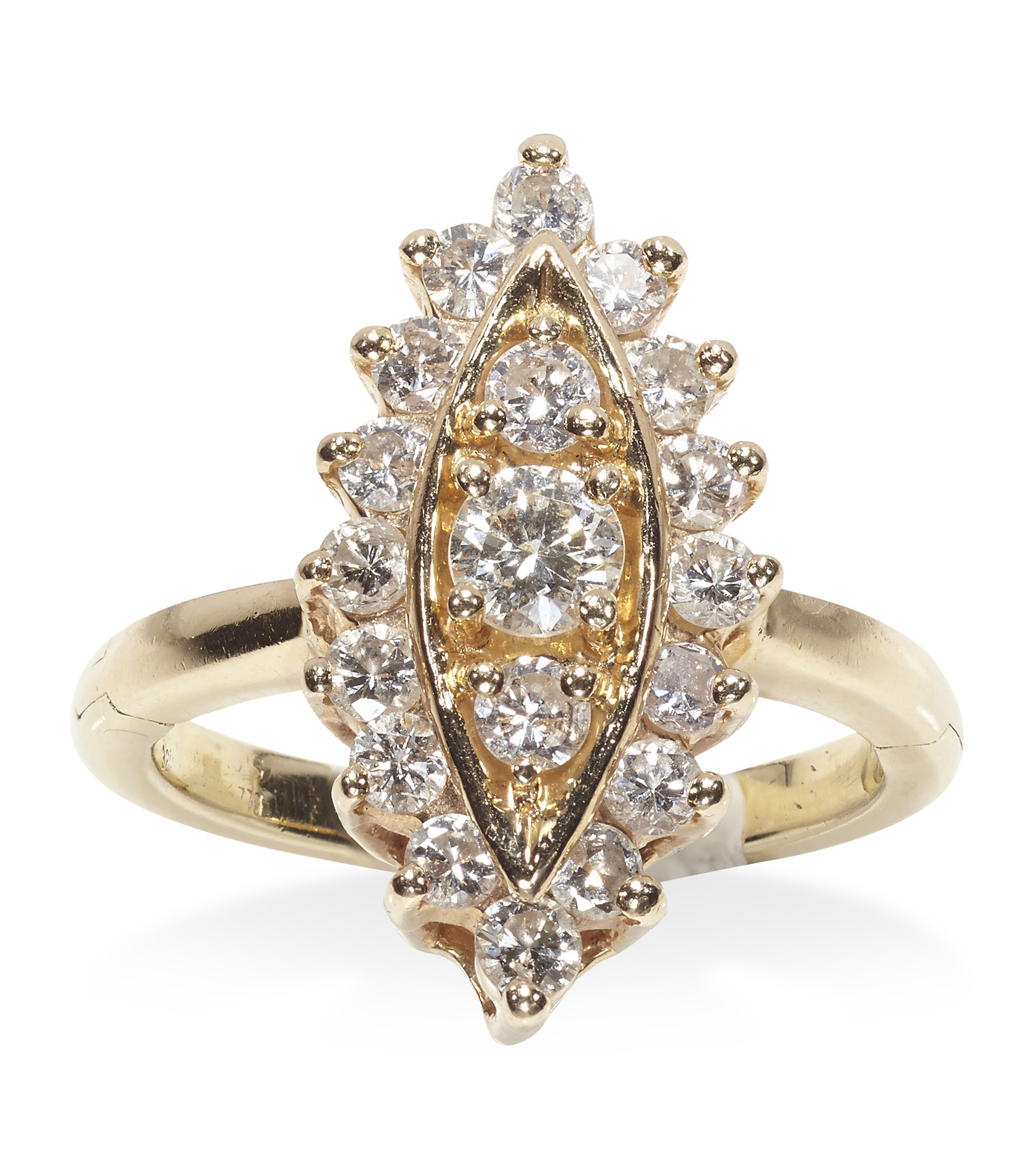A diamond set navette shaped cluster ring