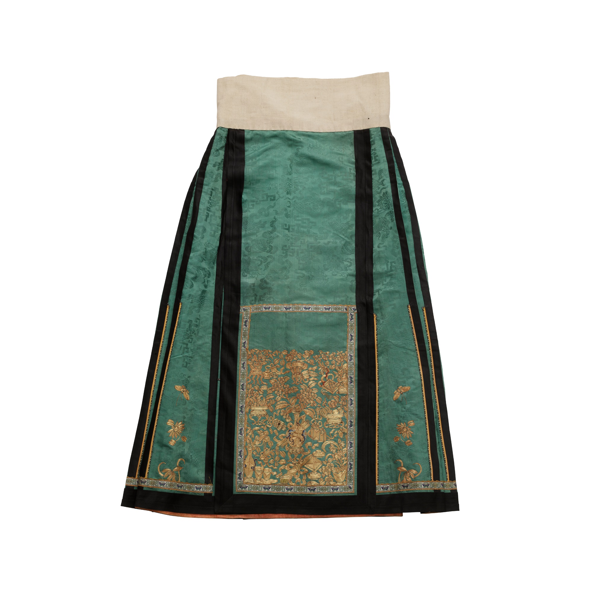 HAN CHINESE WOMAN'S EMBROIDERED GREEN SILK PLEATED SKIRT