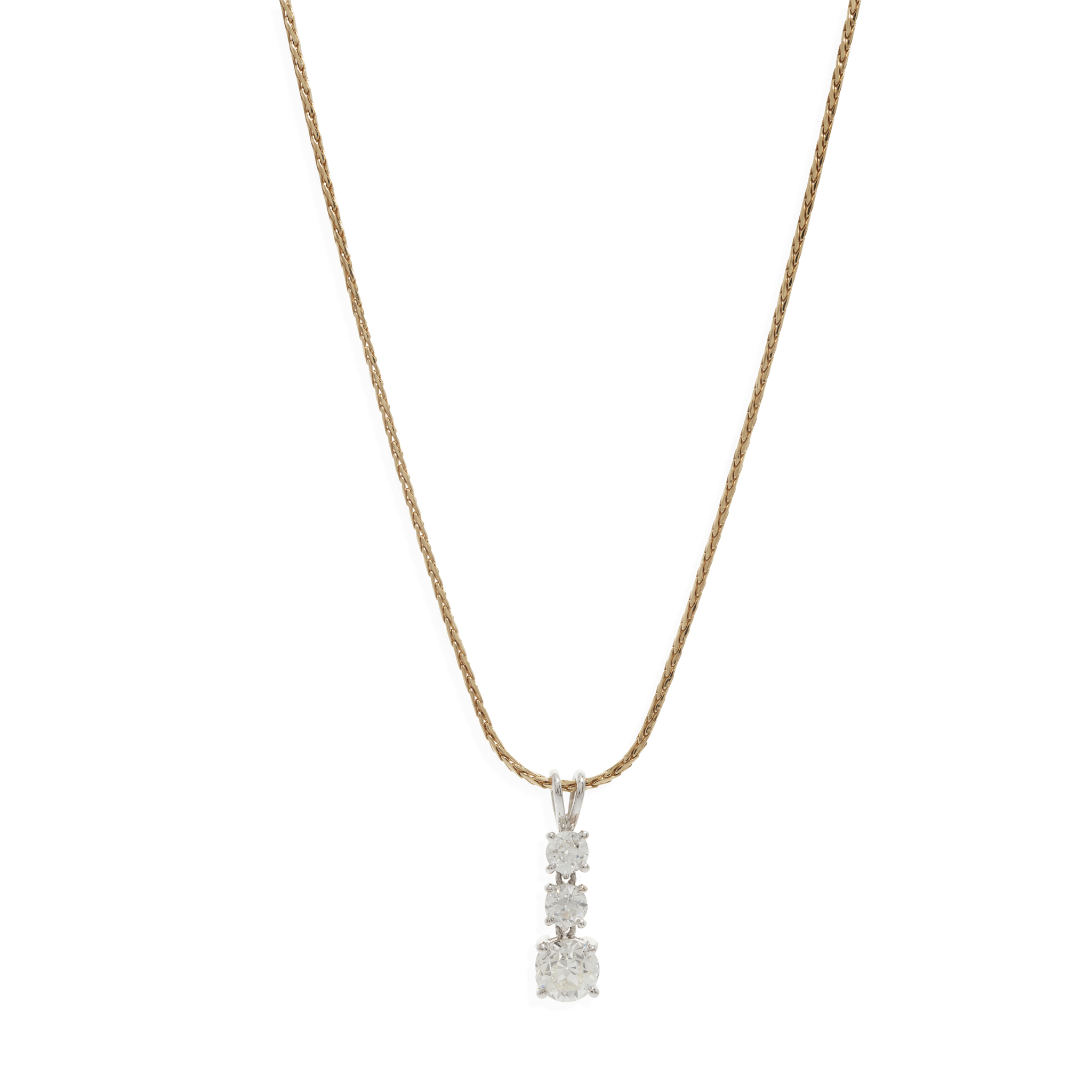 An 18ct gold diamond three-stone pendant necklace
