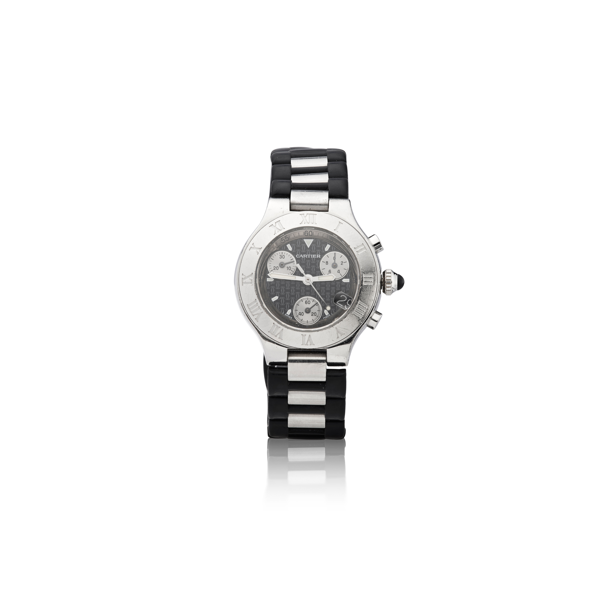 Cartier: A stainless steel and rubber quartz chronograph wristwatch with date