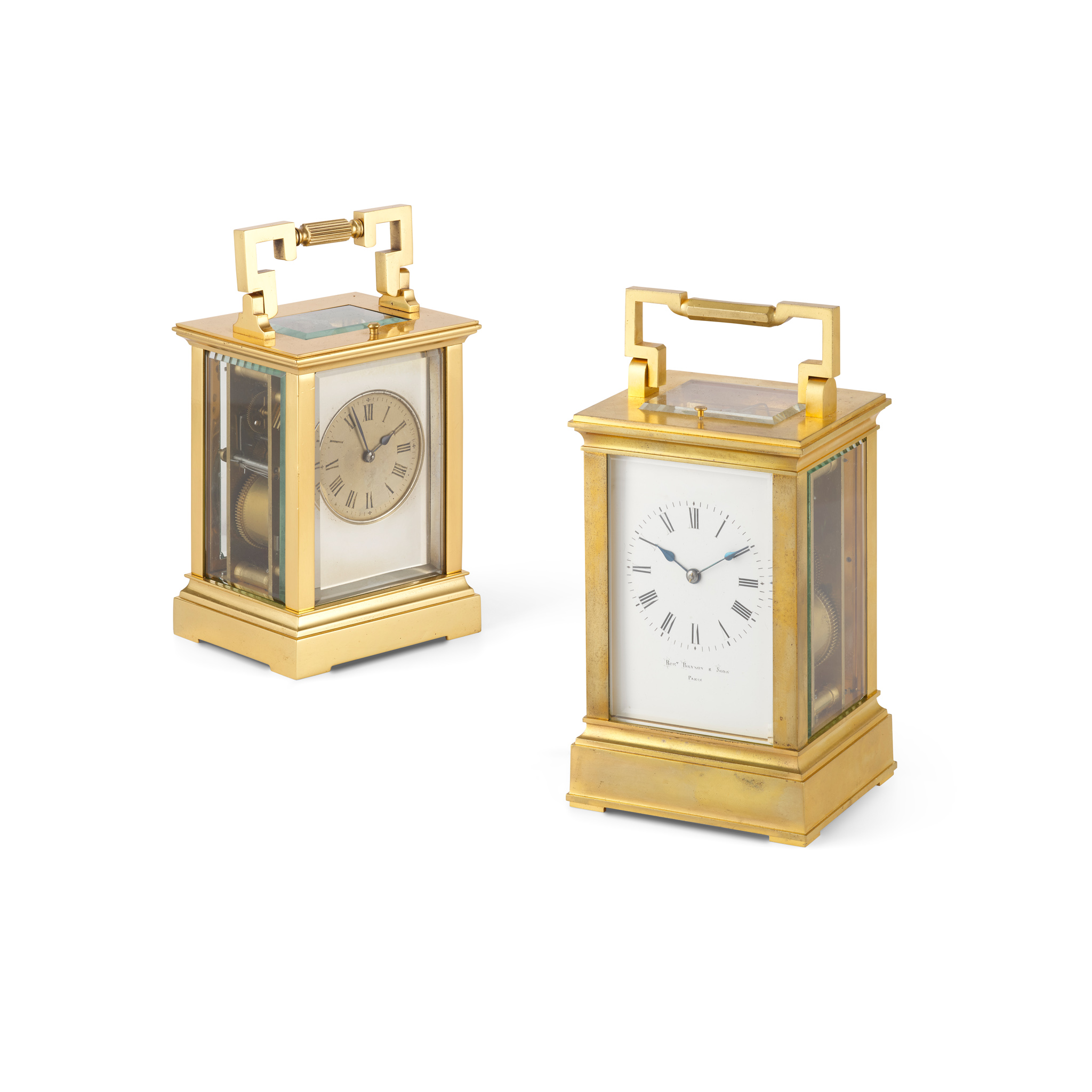 TWO FRENCH GILT BRASS REPEATING CARRIAGE CLOCKS