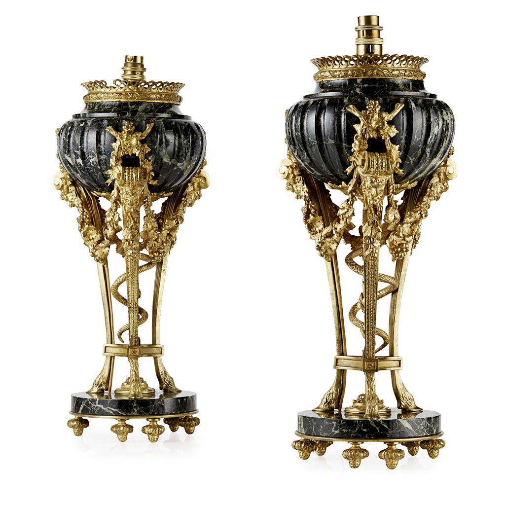 PAIR OF LOUIS XVI STYLE GILT BRONZE AND MARBLE URNS