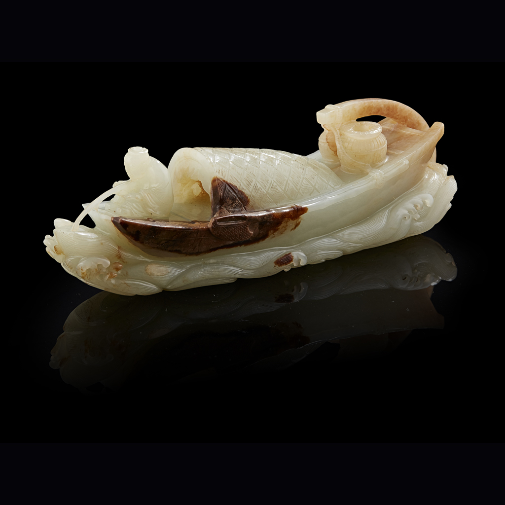 FINE CELADON JADE CARVING OF A BOAT