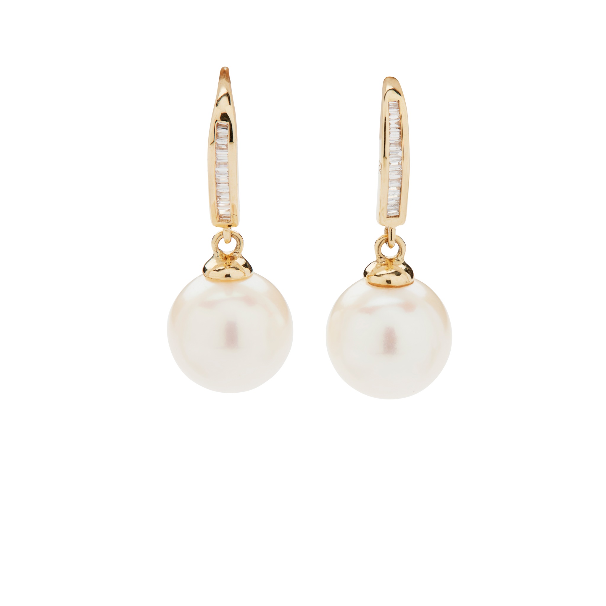 A pair of cultured pearl and diamond pendent earrings