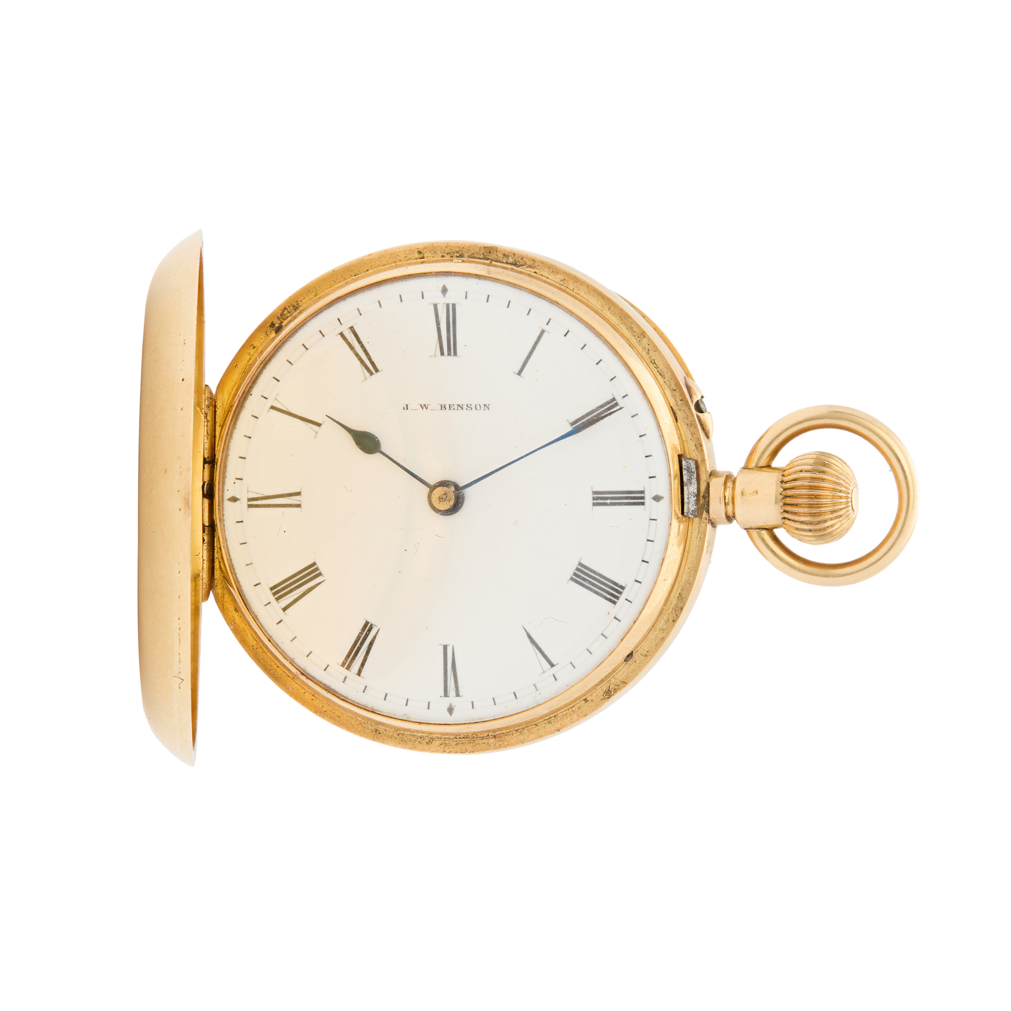 J.W.Benson, London. An 18k gold mechanical hunter cased fob watch