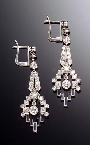 A pair of Art Deco style sapphire and diamond pendant earrings,