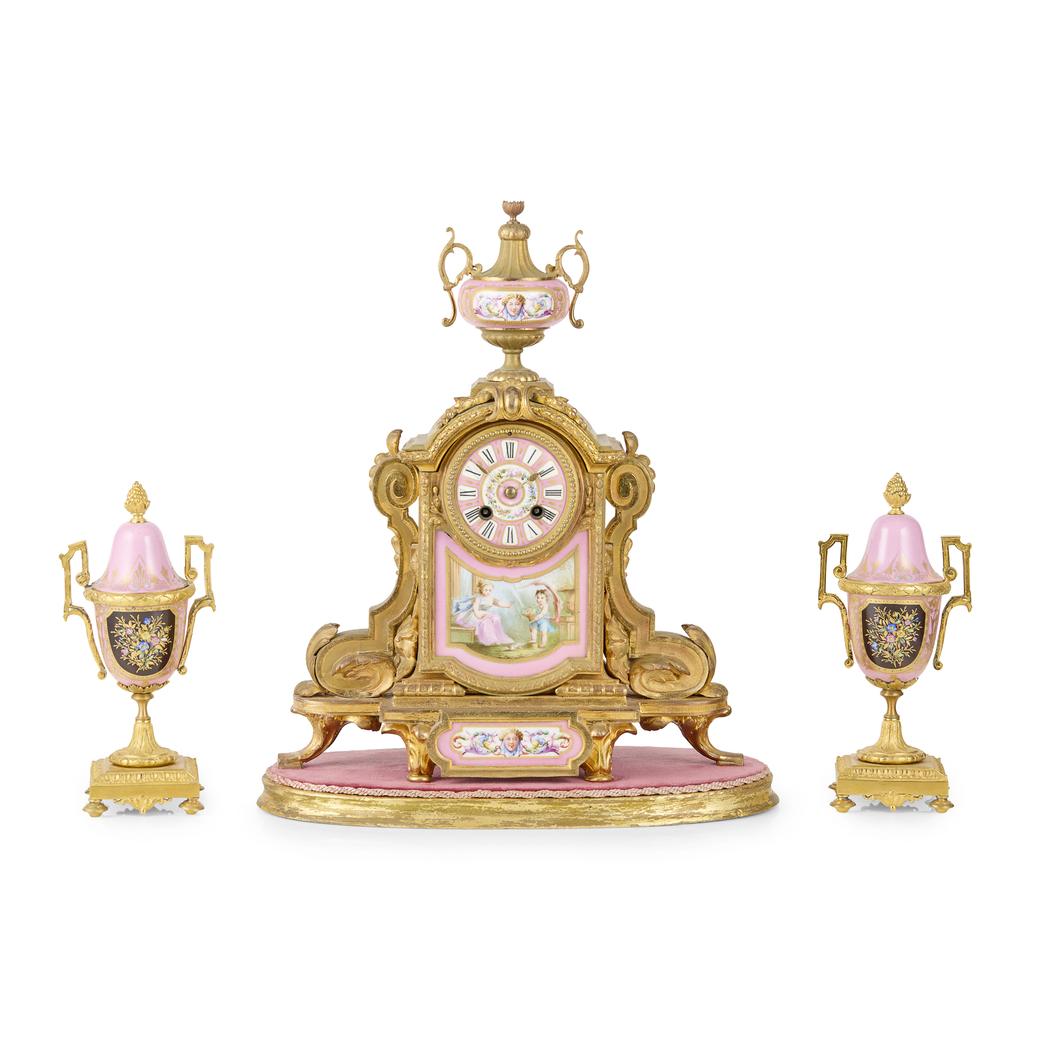 FRENCH GILT BRONZE AND PORCELAIN CLOCK GARNITURE