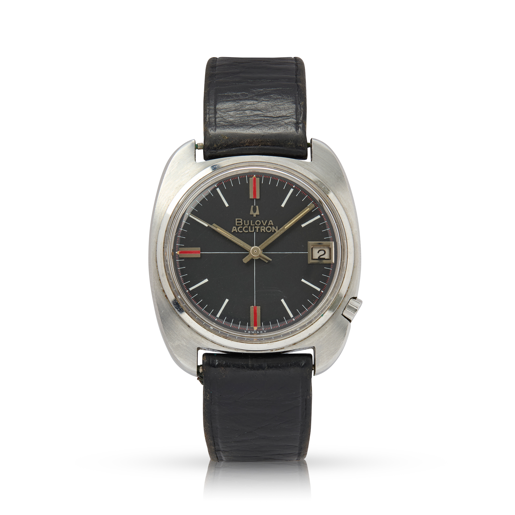 Bulova. An unusual stainless steel tonneau-shape electronic wristwatch with date