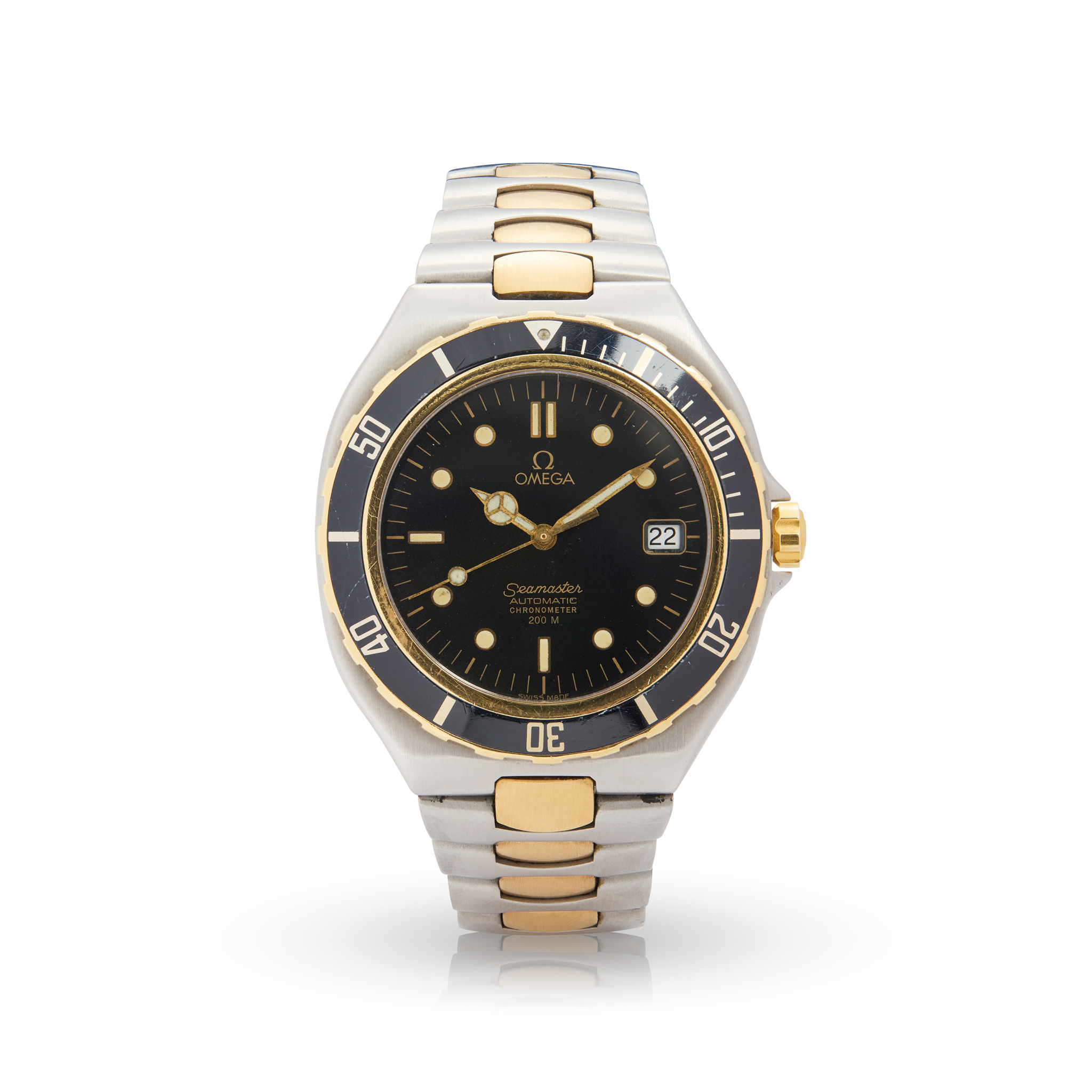 Omega. A stainless steel and gold automatic bracelet watch with date