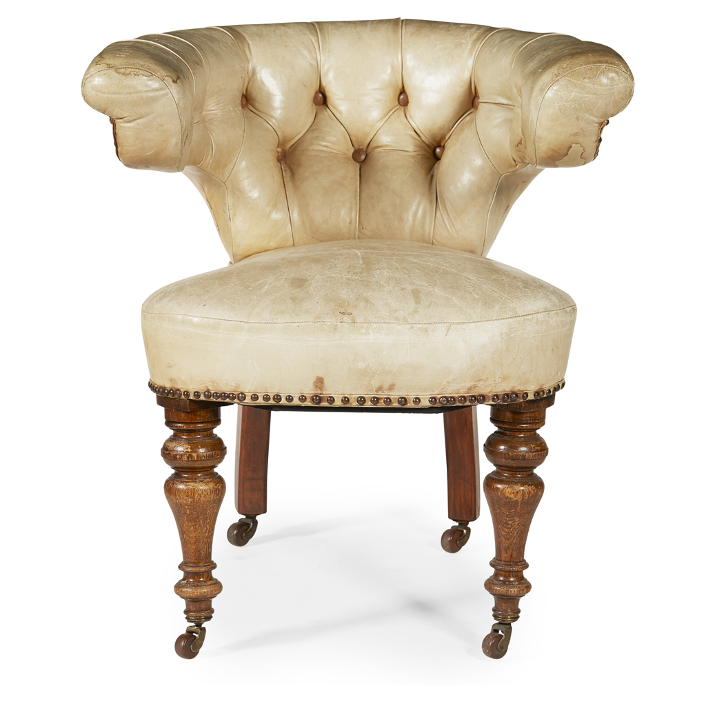 EARLY VICTORIAN LEATHER UPHOLSTERED OAK READING ARMCHAIR