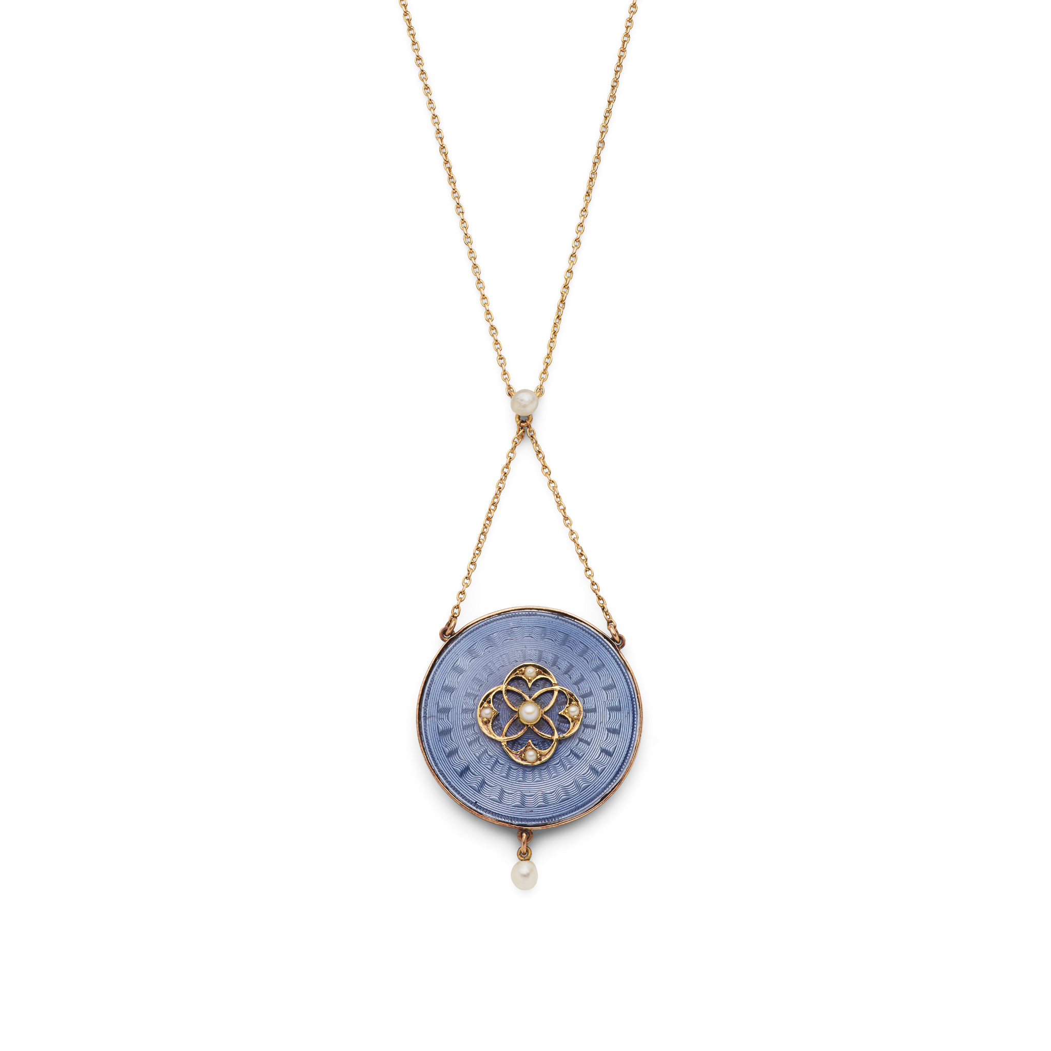 An early 20th century enamel and seed pearl pendant
