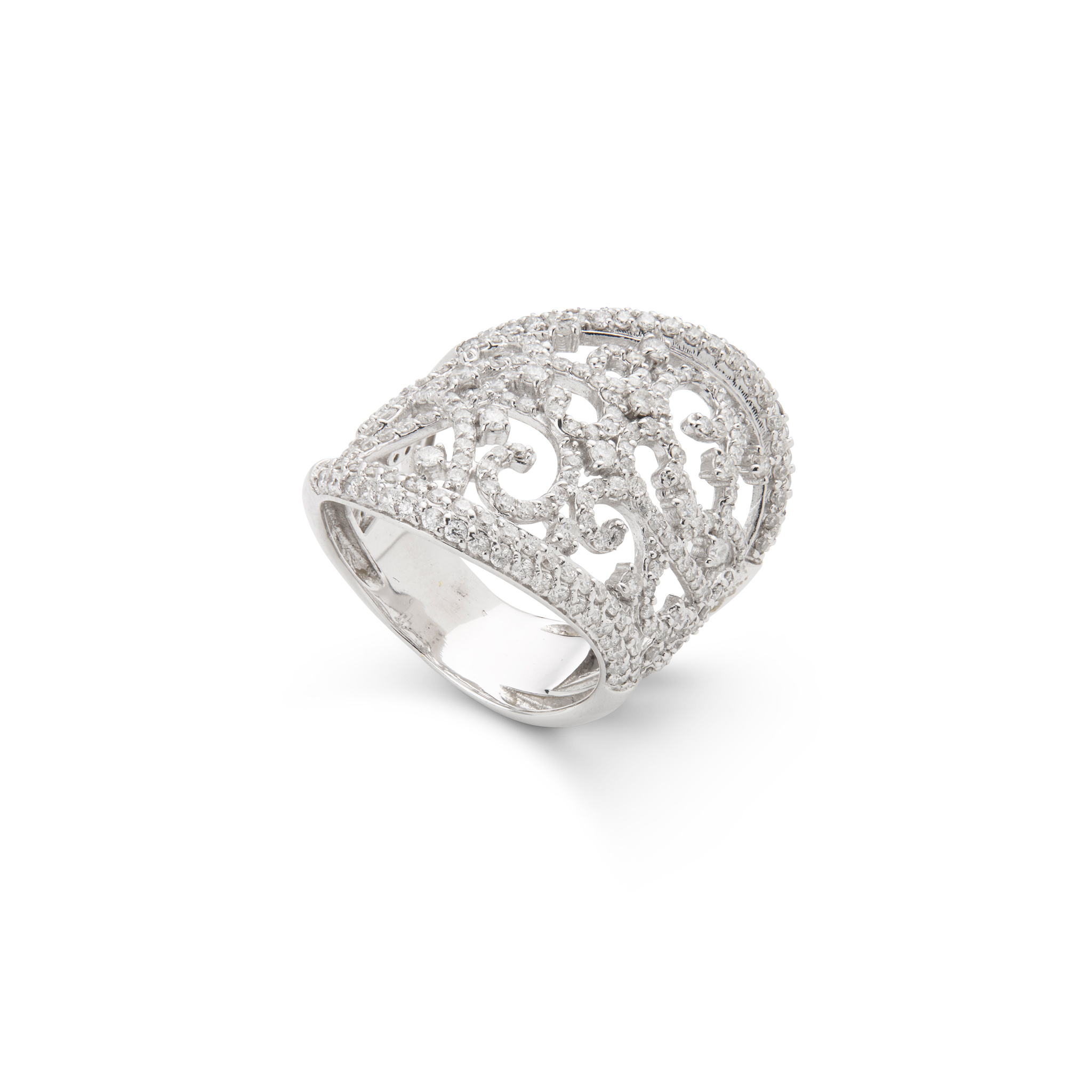 A diamond scrollwork ring