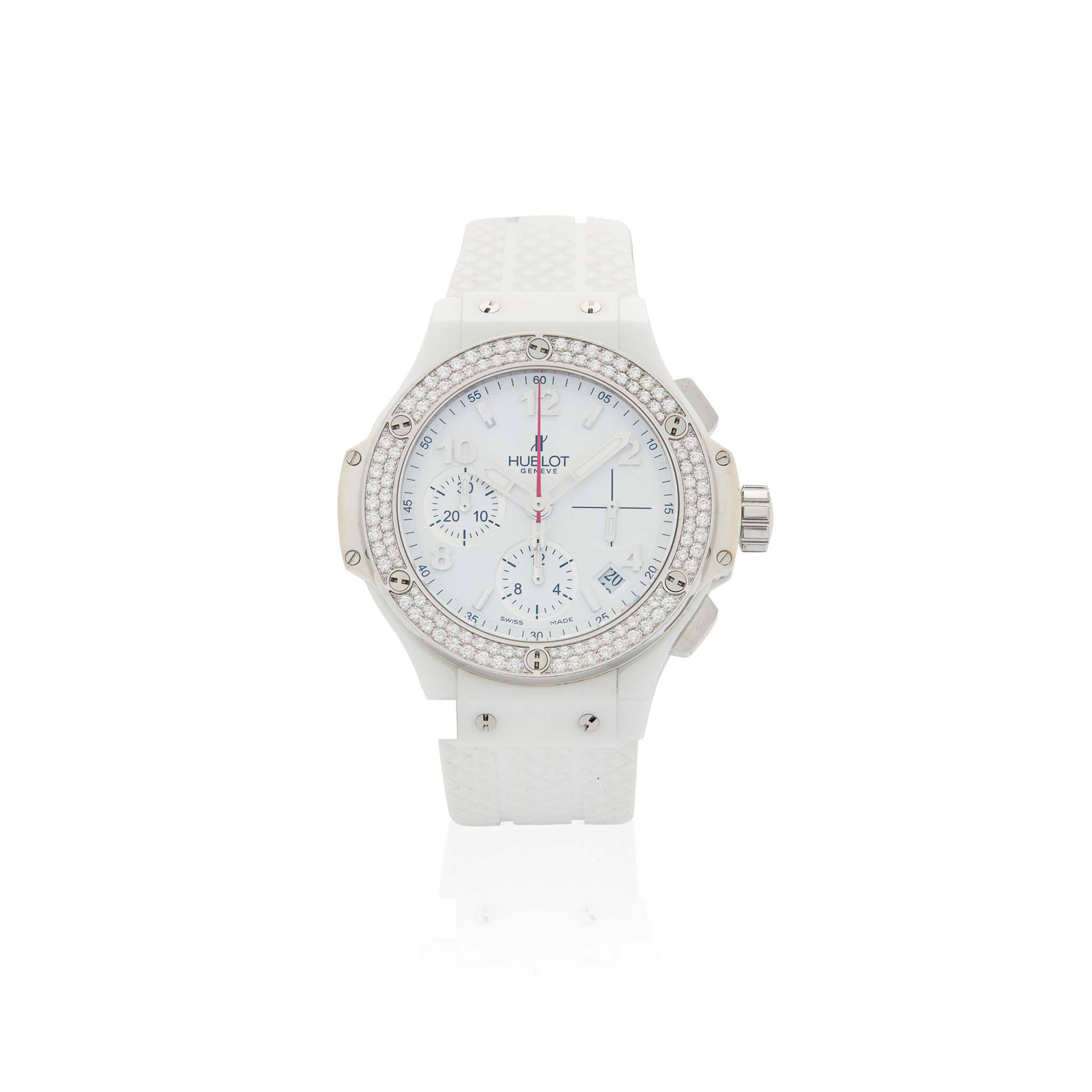 Hublot. A white ceramic, titanium, stainless steel, rubber and diamond-set automatic chronograph wristwatch
