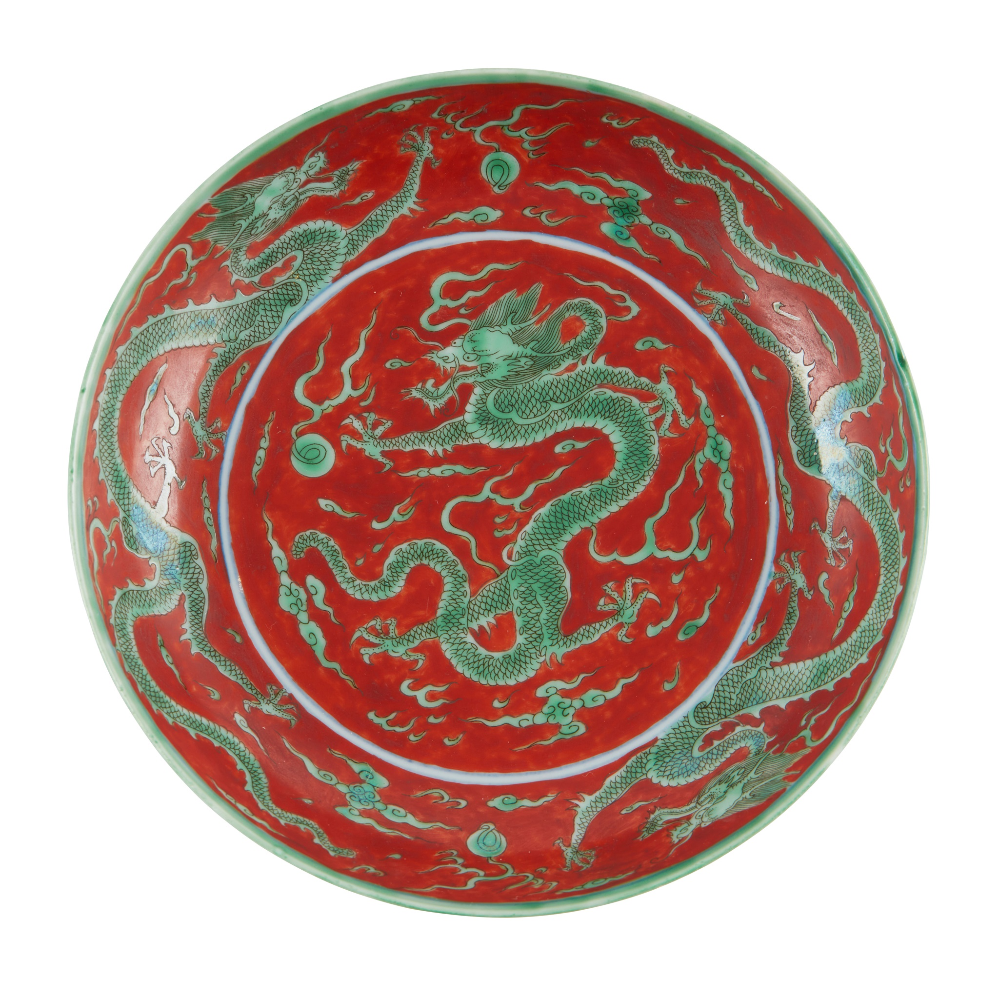 IRON-RED-GROUND GREEN-GLAZED 'DRAGON' DISH