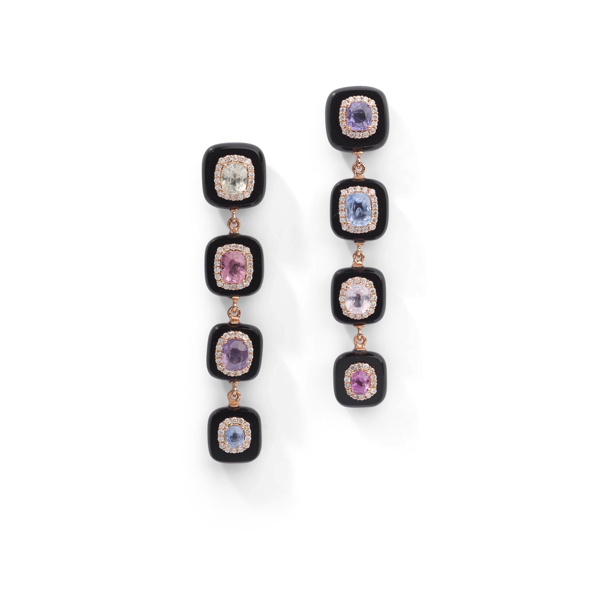 A pair of coloured sapphire, diamond and onyx earrings