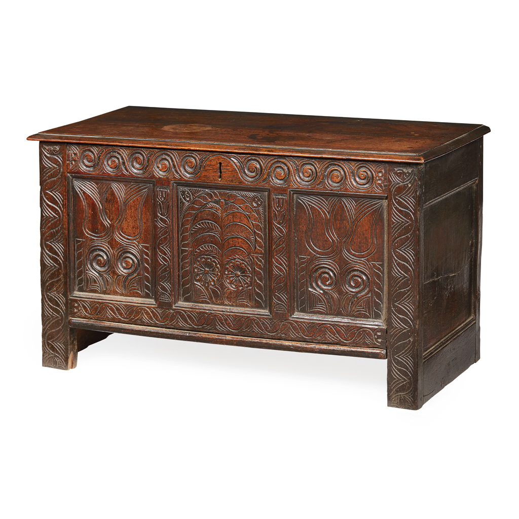 CARVED OAK TRIPLE PANEL CHEST