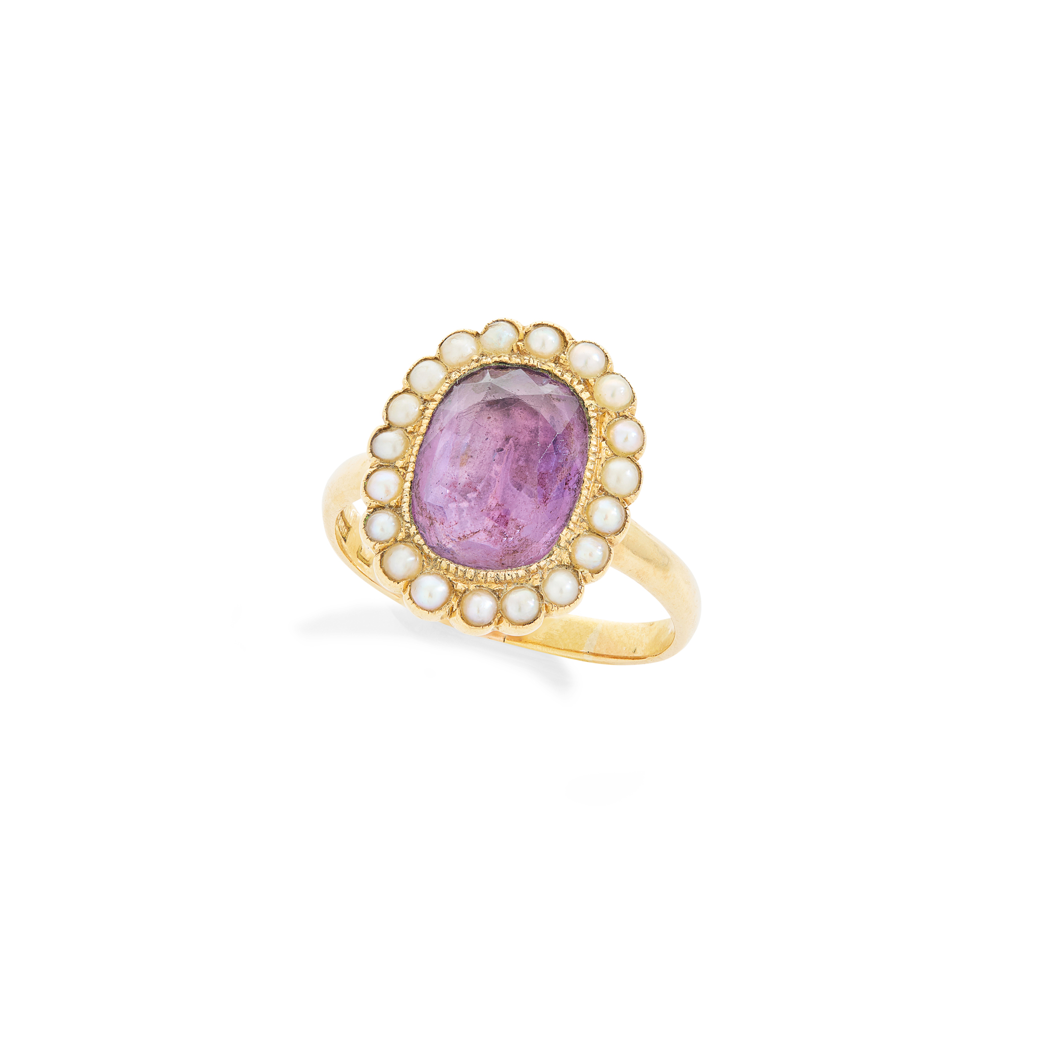 An 18ct gold early 20th century amethyst and seed pearl ring