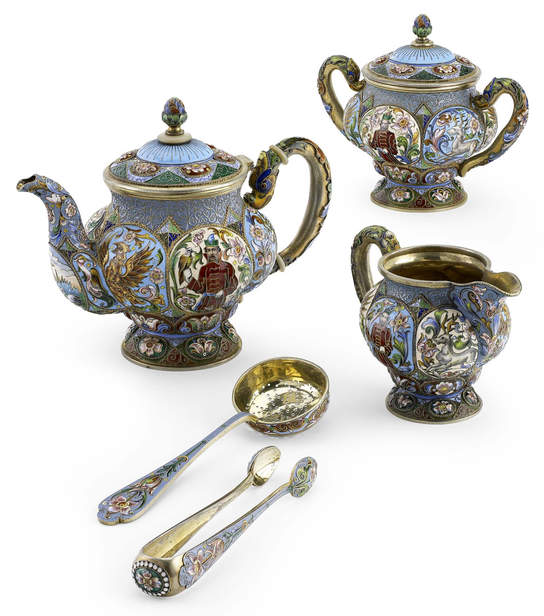 A Russian five-piece silver-gilt and shaded cloisonné enamel tea-set