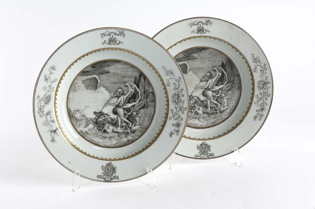 A pair of 18th century Chinese Armorial en grisaille decorated bowls, circa 1745