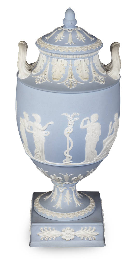 WEDGWOOD BLUE JASPER WARE VASE AND COVER