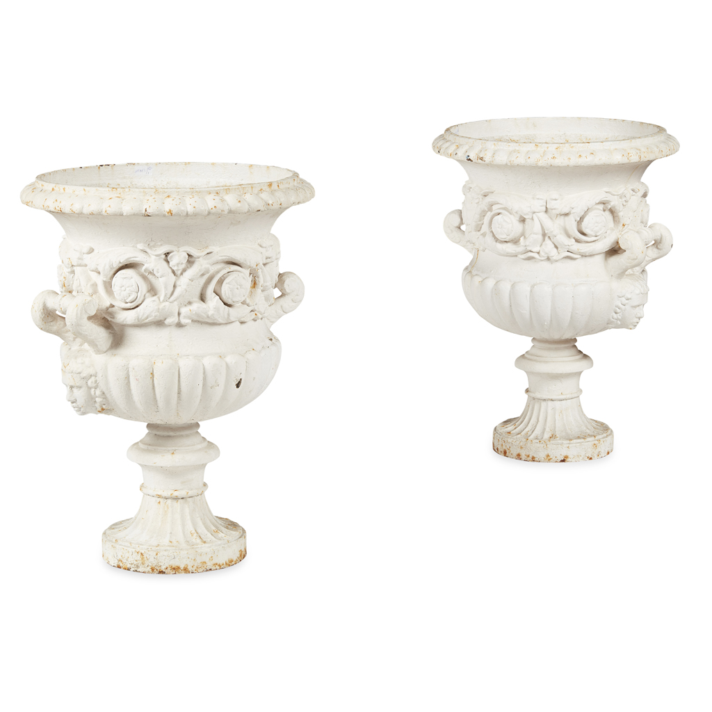 PAIR OF PAINTED CAST IRON URNS