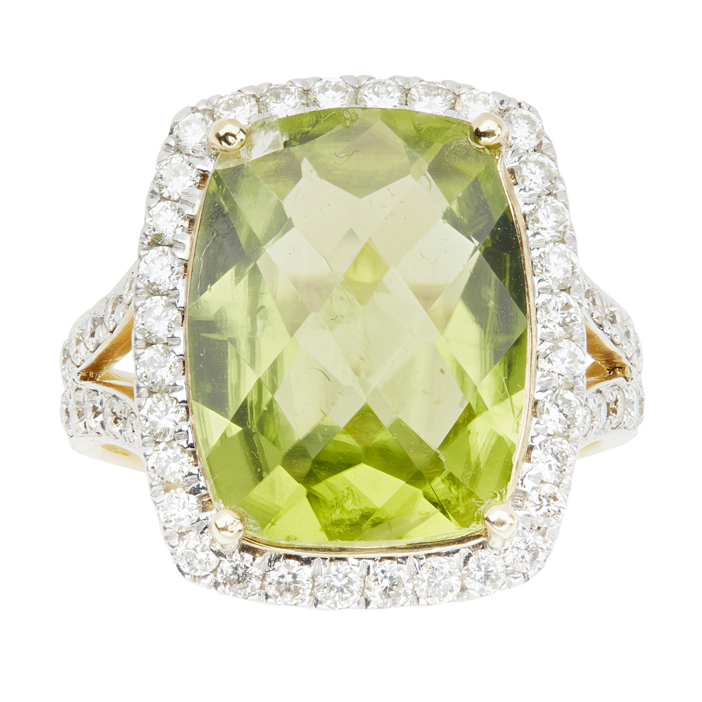 A peridot and diamond set cluster ring