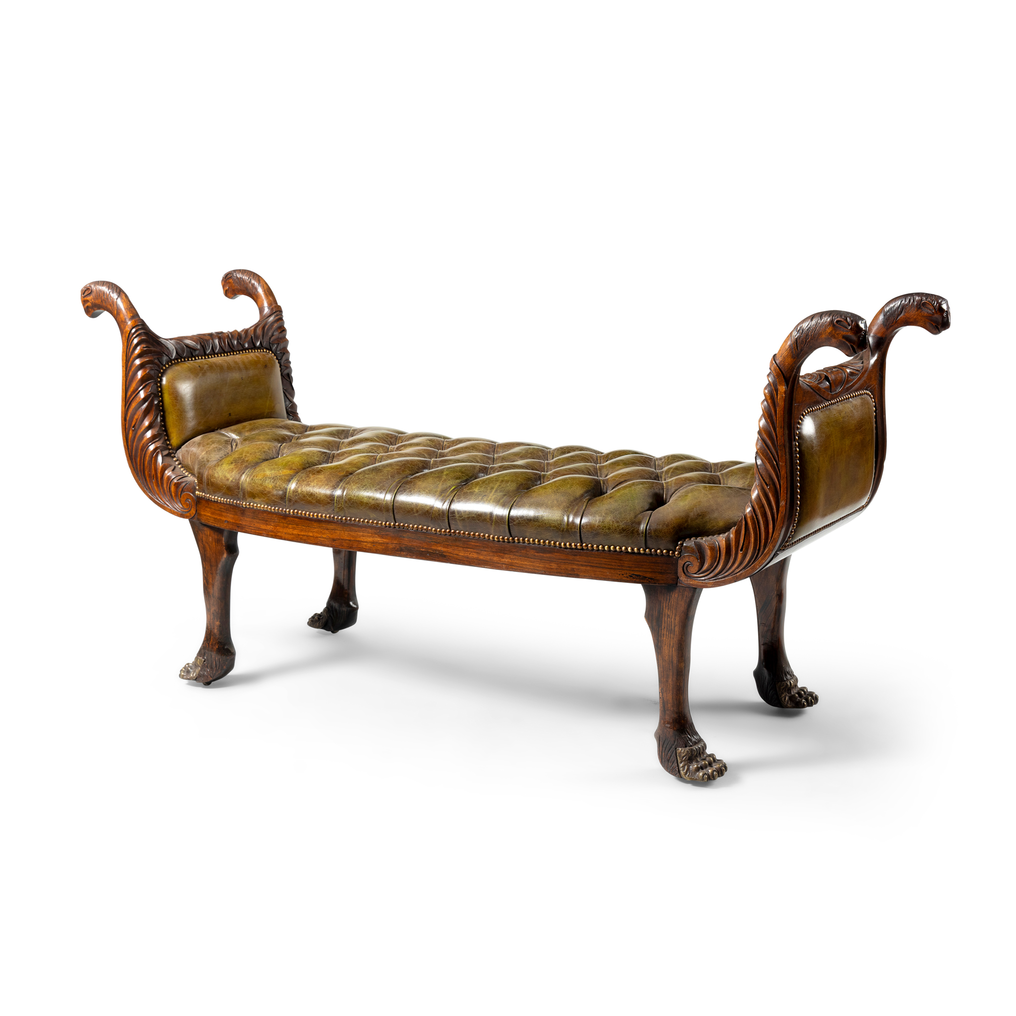 A WALNUT AND GREEN LEATHER WINDOW SEAT