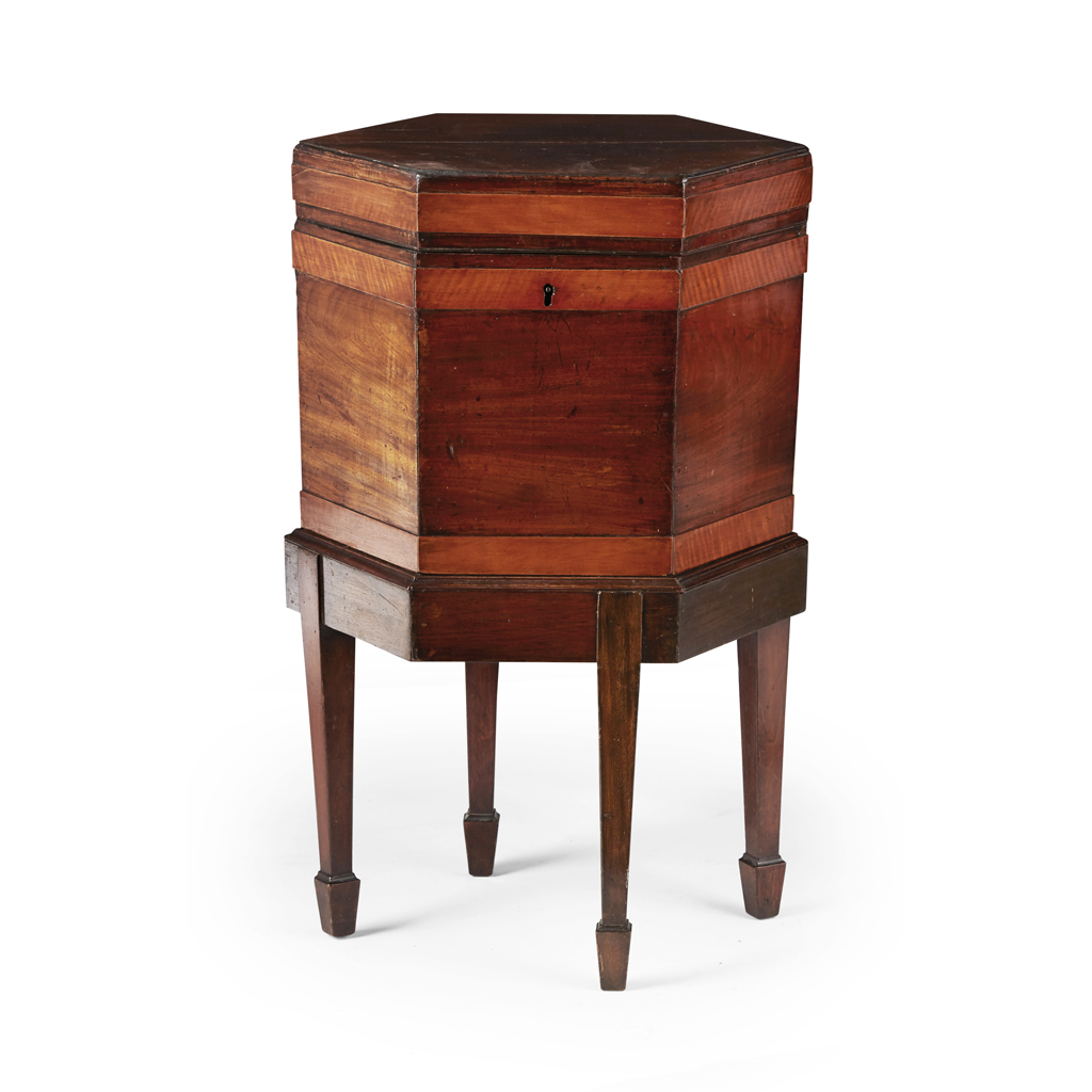 GEORGE III MAHOGANY AND SATINWOOD HEXAGONAL WINE COOLER