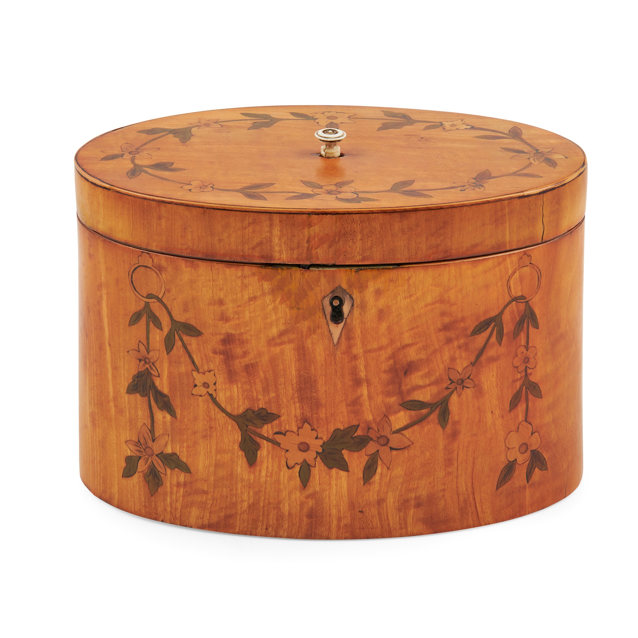 GEORGE III INLAID SATINWOOD OVAL TEA CADDY