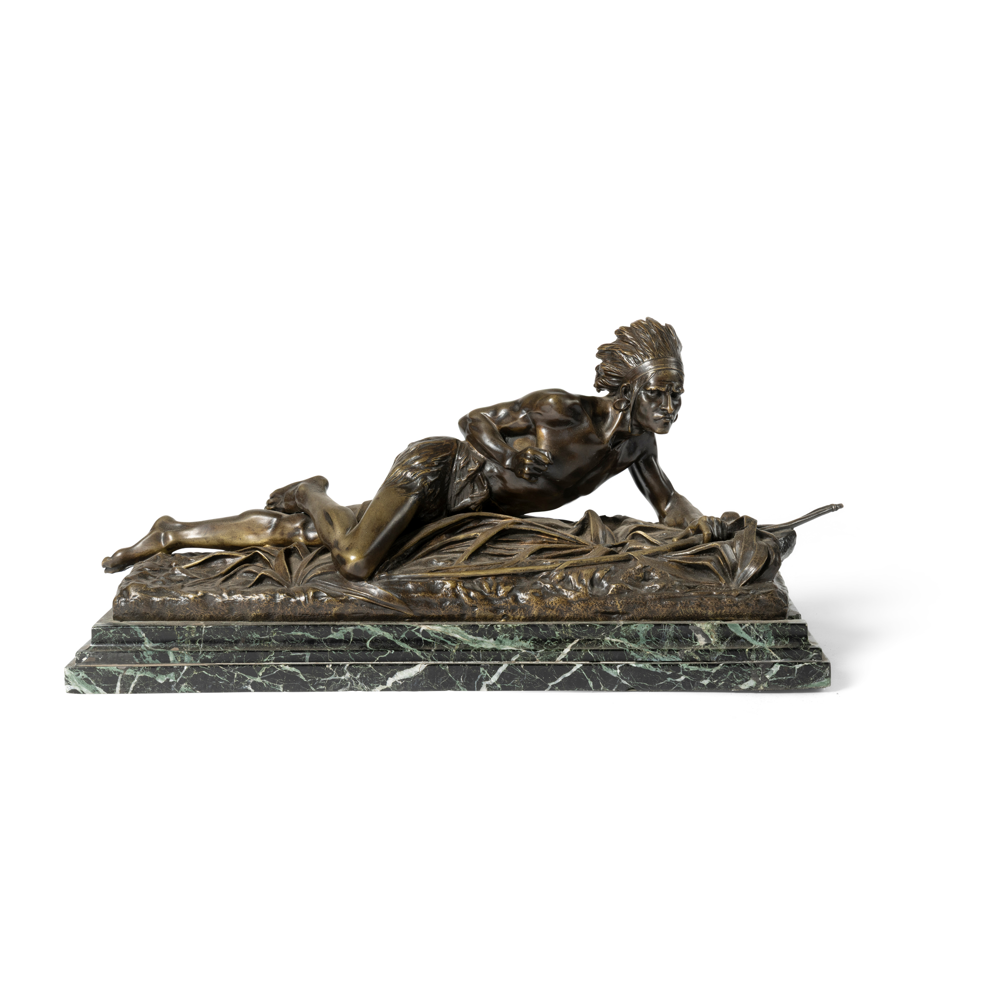 A BRONZE FIGURE GROUP OF A NATIVE AMERICAN HUNTER, EDOUARD DROUOT (FRENCH 1859-1945)